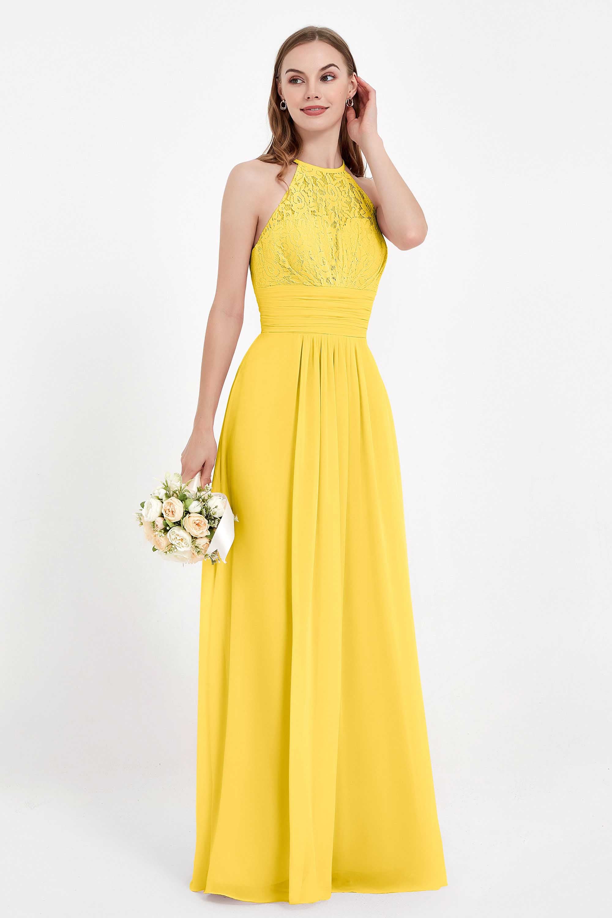 Halter Chiffon Lace Bridesmaid Dress Pleated Ruched Formal Evening Prom Dresses Gowns
