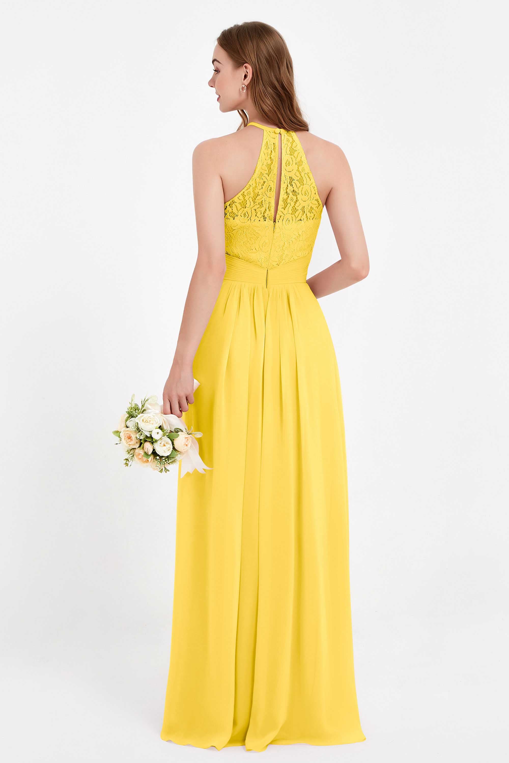 Halter Chiffon Lace Bridesmaid Dress Pleated Ruched Formal Evening Prom Dresses Gowns