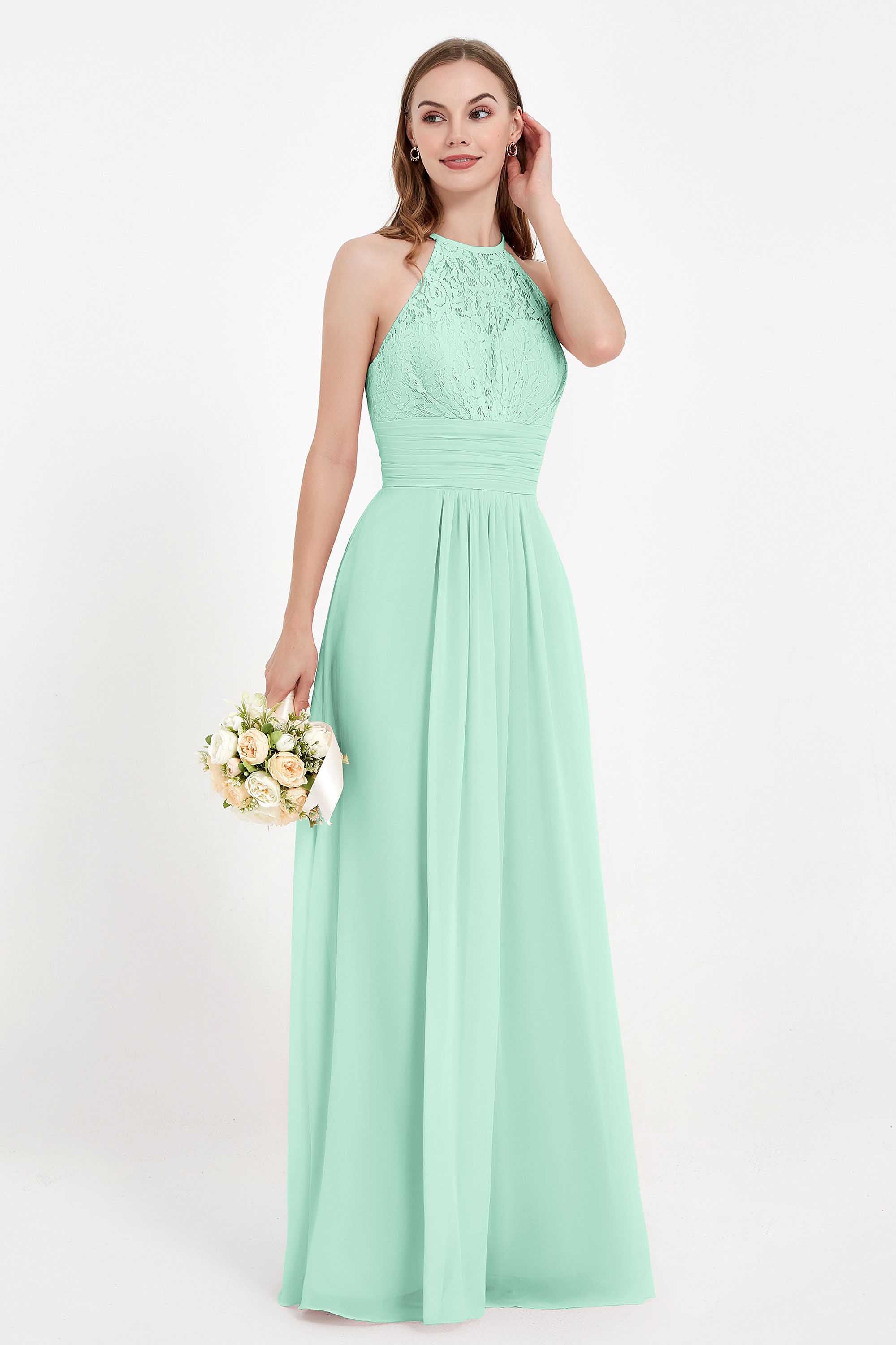 Halter Chiffon Lace Bridesmaid Dress Pleated Ruched Formal Evening Prom Dresses Gowns