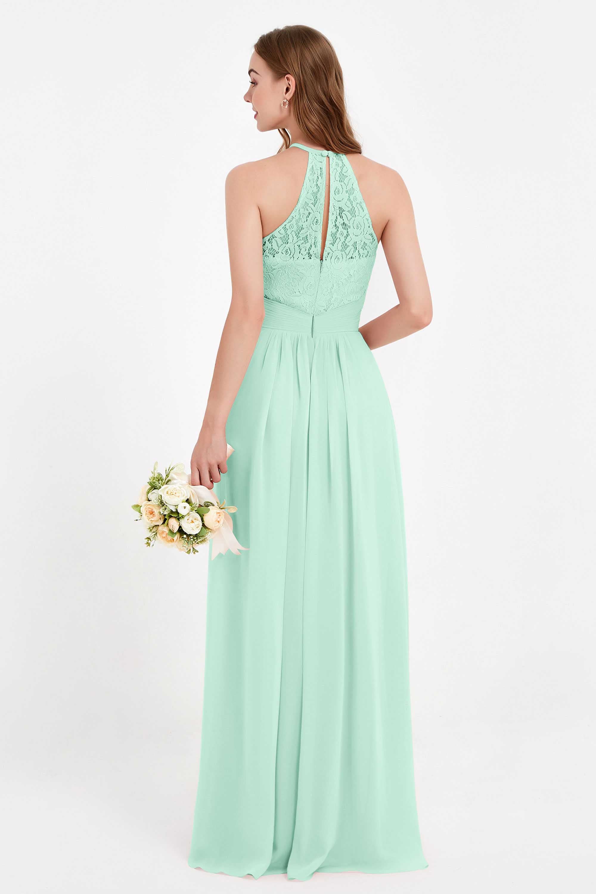 Halter Chiffon Lace Bridesmaid Dress Pleated Ruched Formal Evening Prom Dresses Gowns