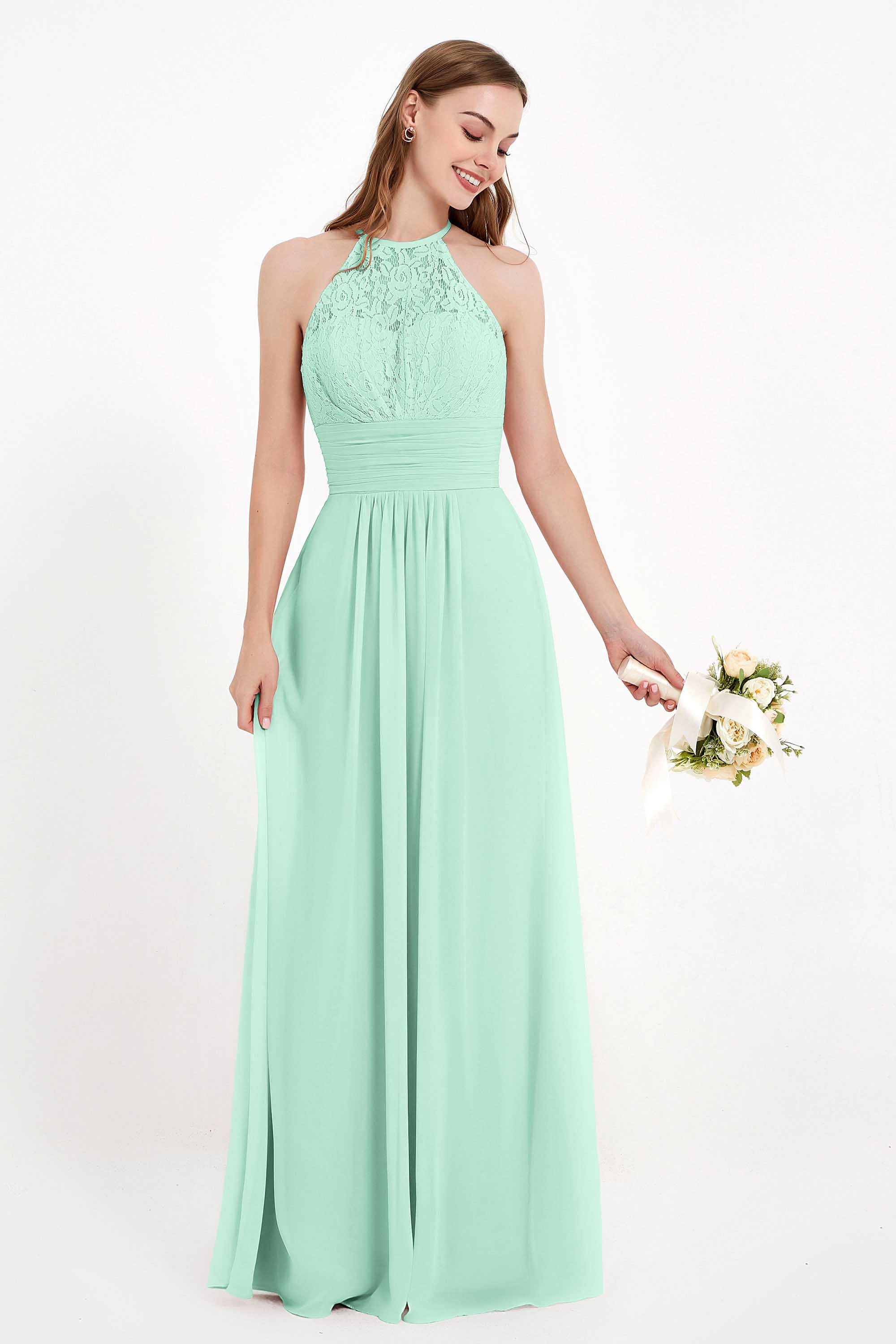 Halter Chiffon Lace Bridesmaid Dress Pleated Ruched Formal Evening Prom Dresses Gowns