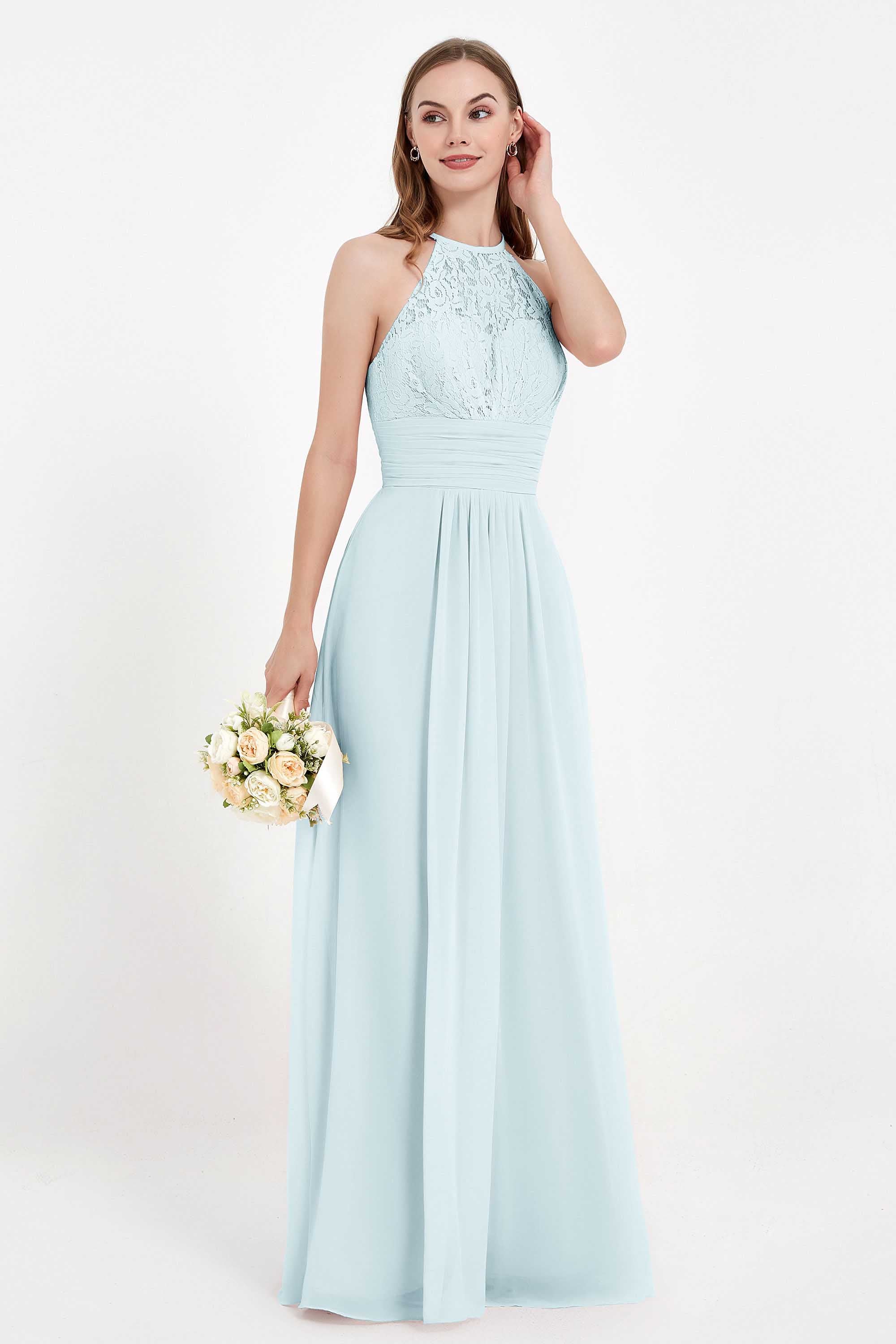 Halter Chiffon Lace Bridesmaid Dress Pleated Ruched Formal Evening Prom Dresses Gowns