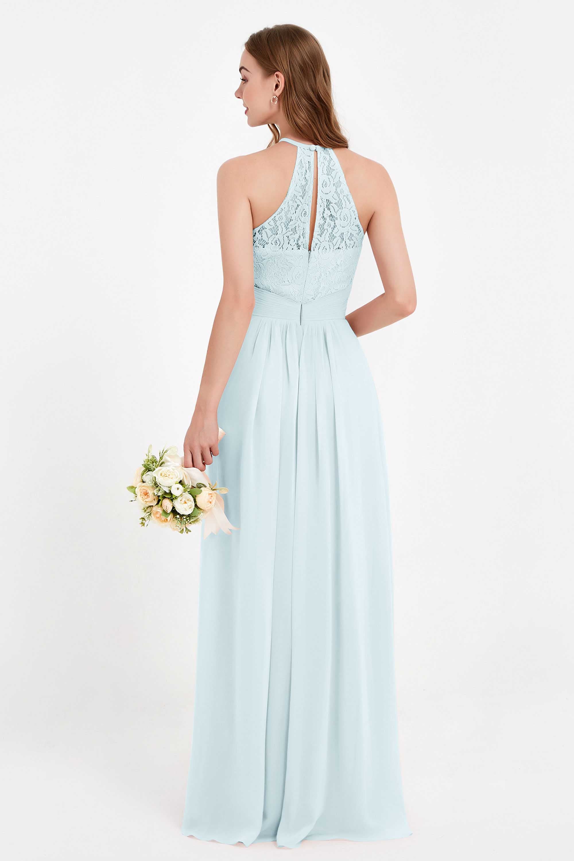 Halter Chiffon Lace Bridesmaid Dress Pleated Ruched Formal Evening Prom Dresses Gowns