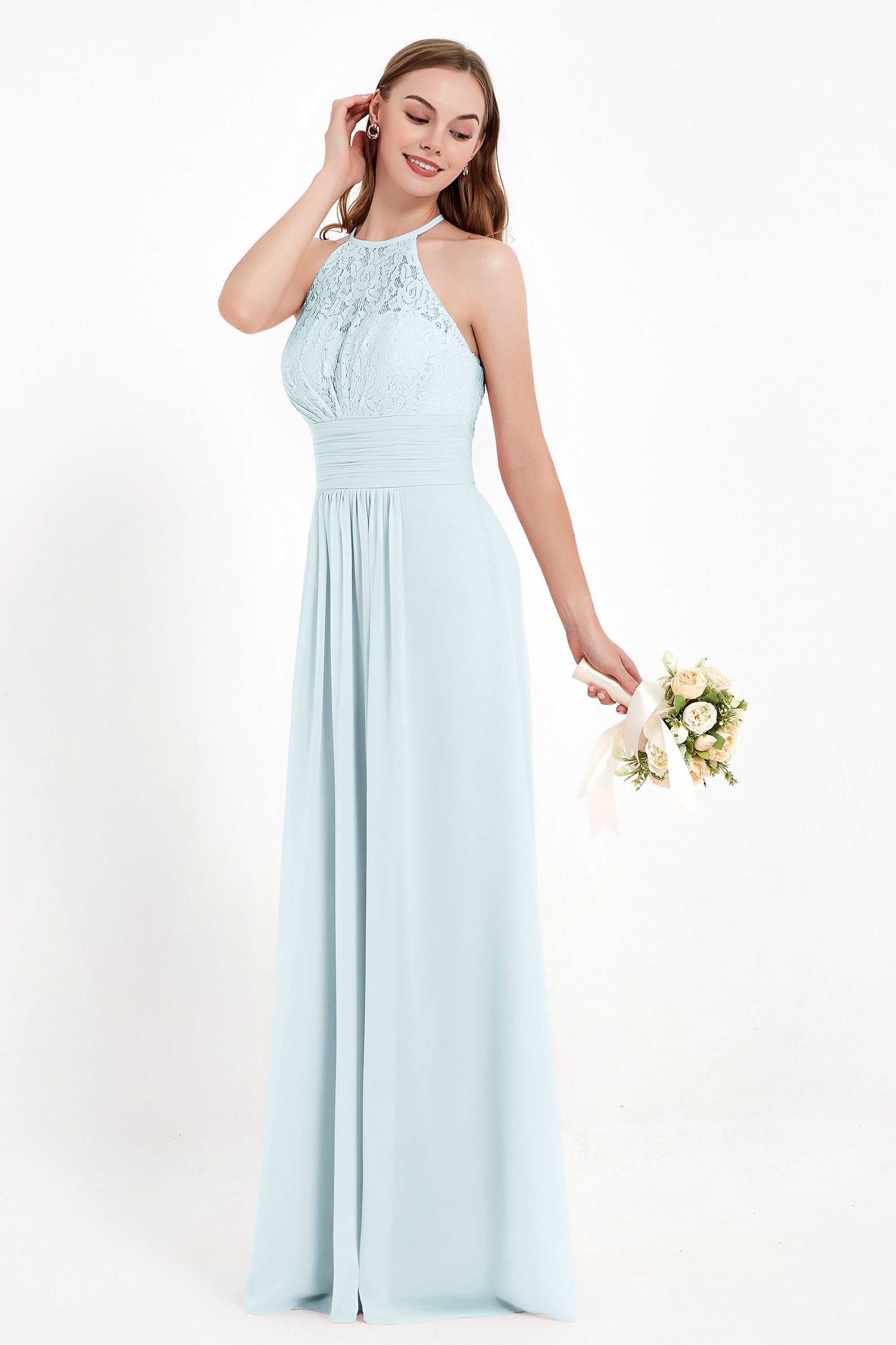 Halter Chiffon Lace Bridesmaid Dress Pleated Ruched Formal Evening Prom Dresses Gowns