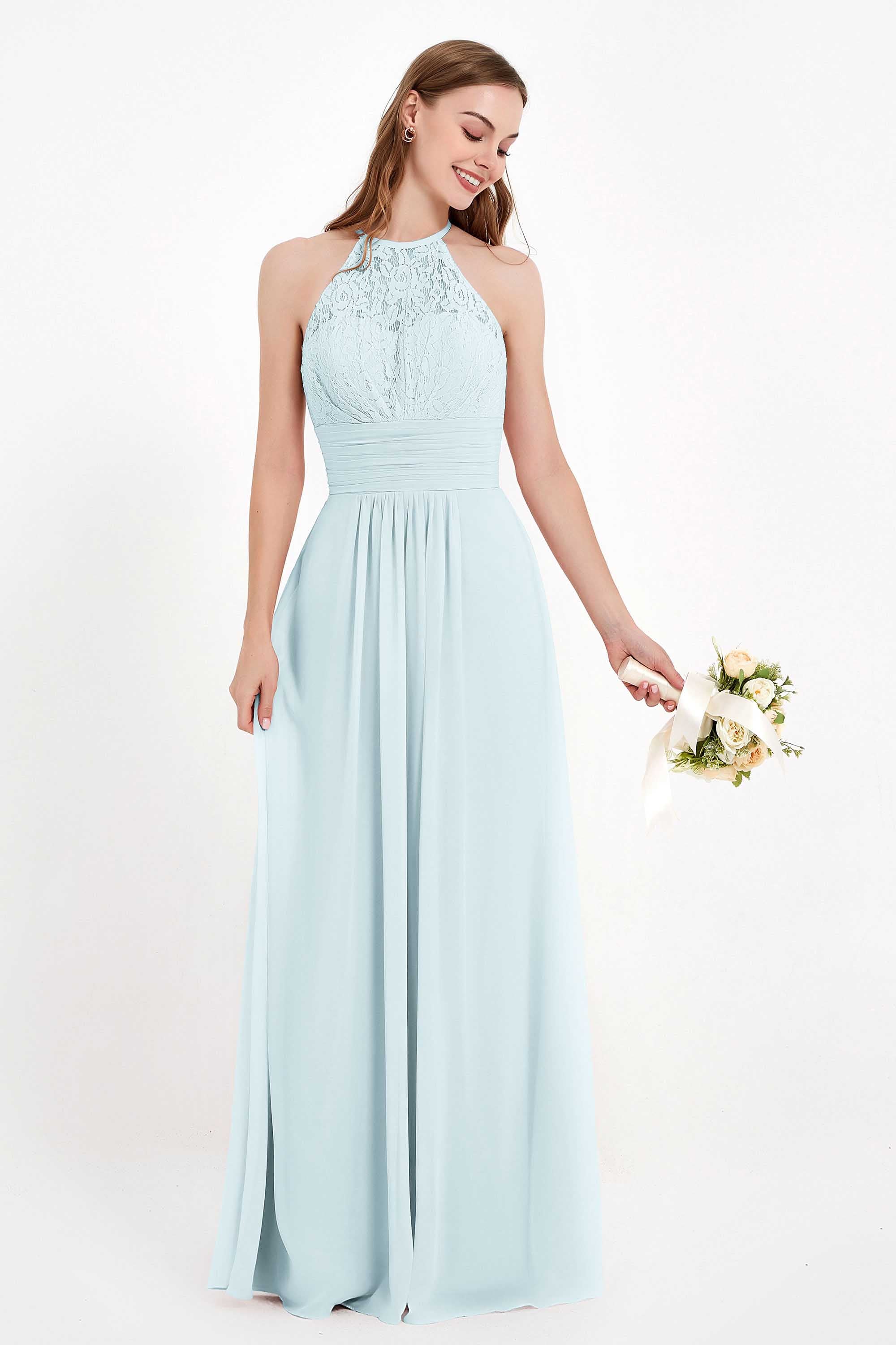 Halter Chiffon Lace Bridesmaid Dress Pleated Ruched Formal Evening Prom Dresses Gowns