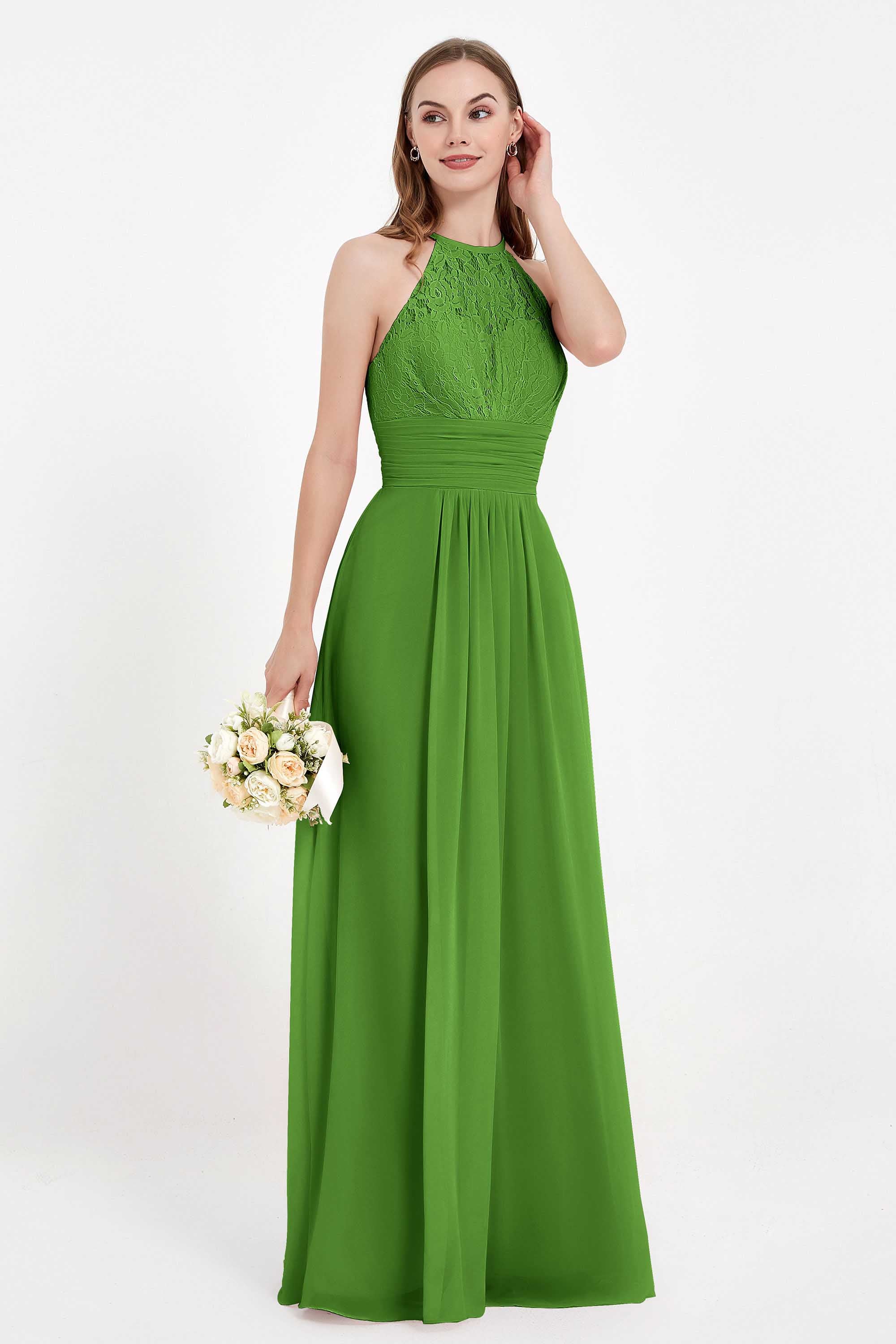 Halter Chiffon Lace Bridesmaid Dress Pleated Ruched Formal Evening Prom Dresses Gowns