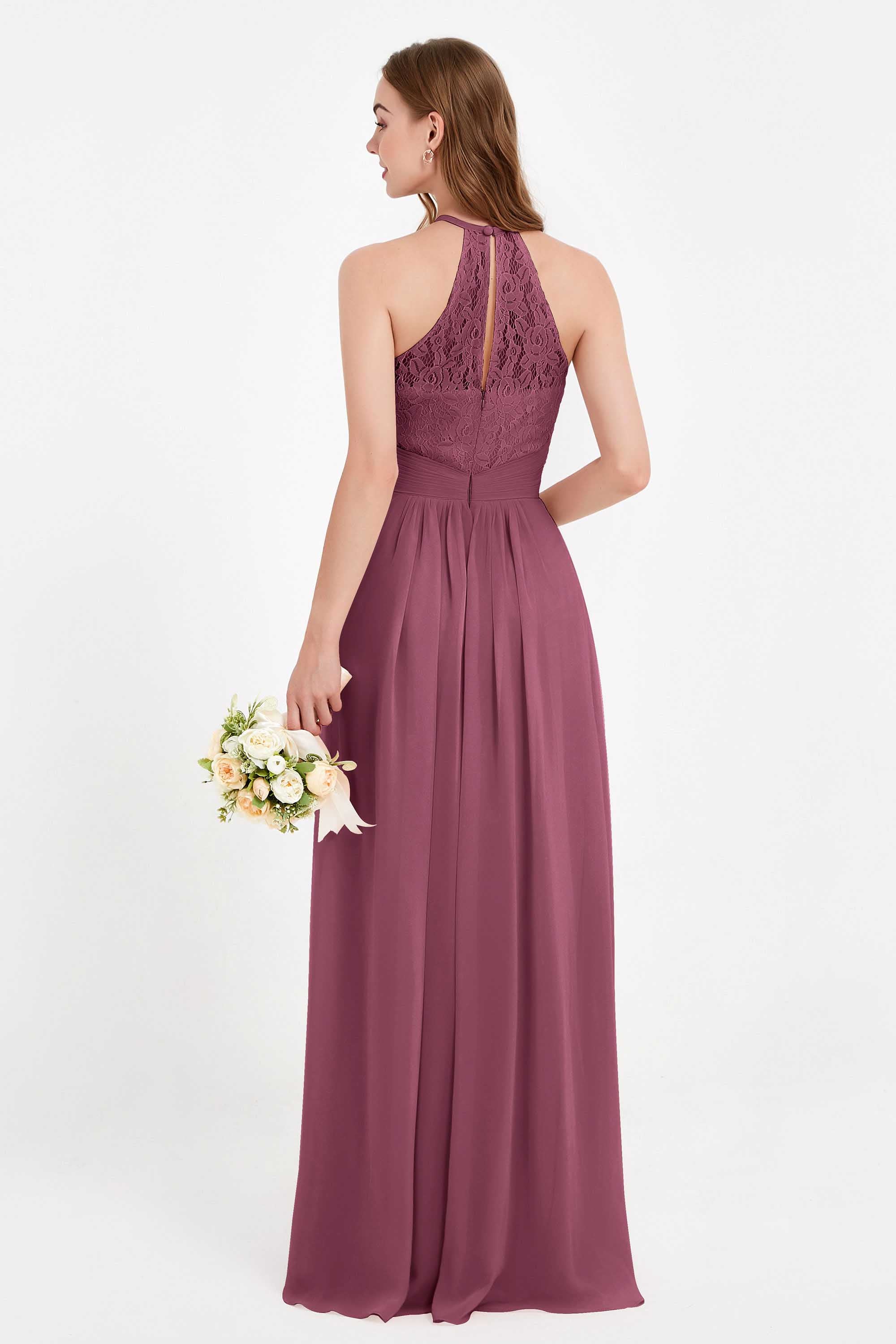 Halter Chiffon Lace Bridesmaid Dress Pleated Ruched Formal Evening Prom Dresses Gowns