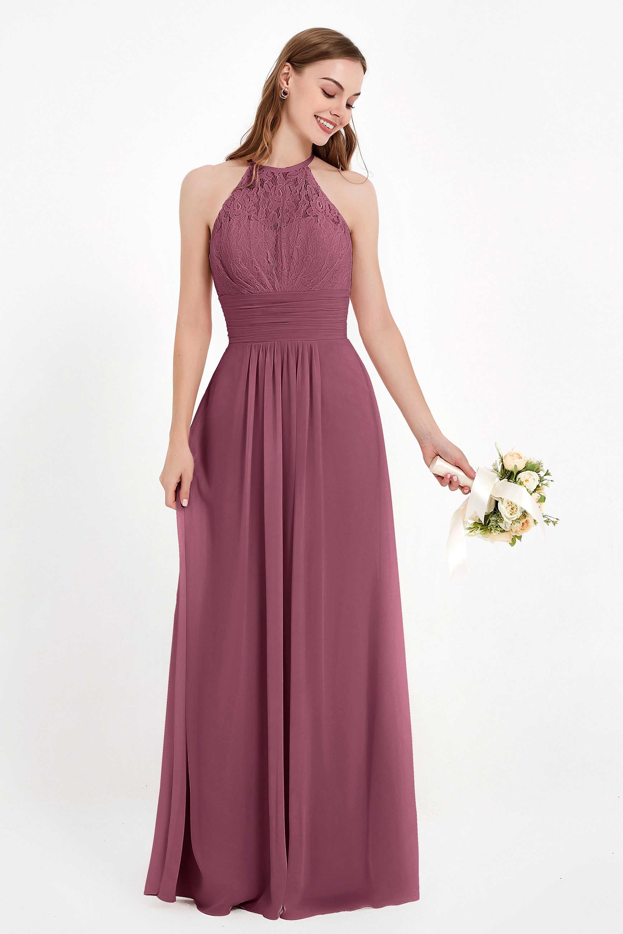 Halter Chiffon Lace Bridesmaid Dress Pleated Ruched Formal Evening Prom Dresses Gowns