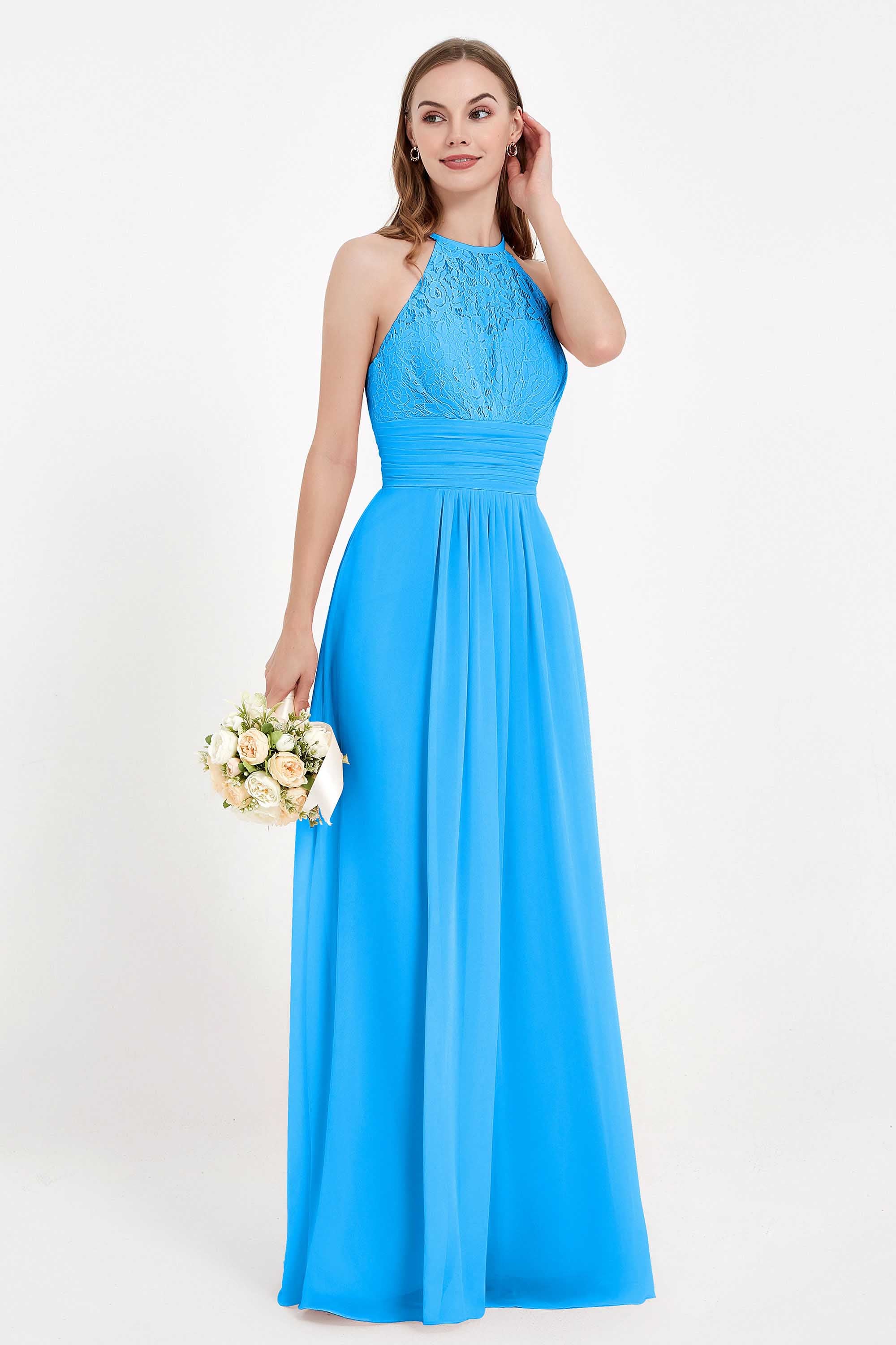 Halter Chiffon Lace Bridesmaid Dress Pleated Ruched Formal Evening Prom Dresses Gowns