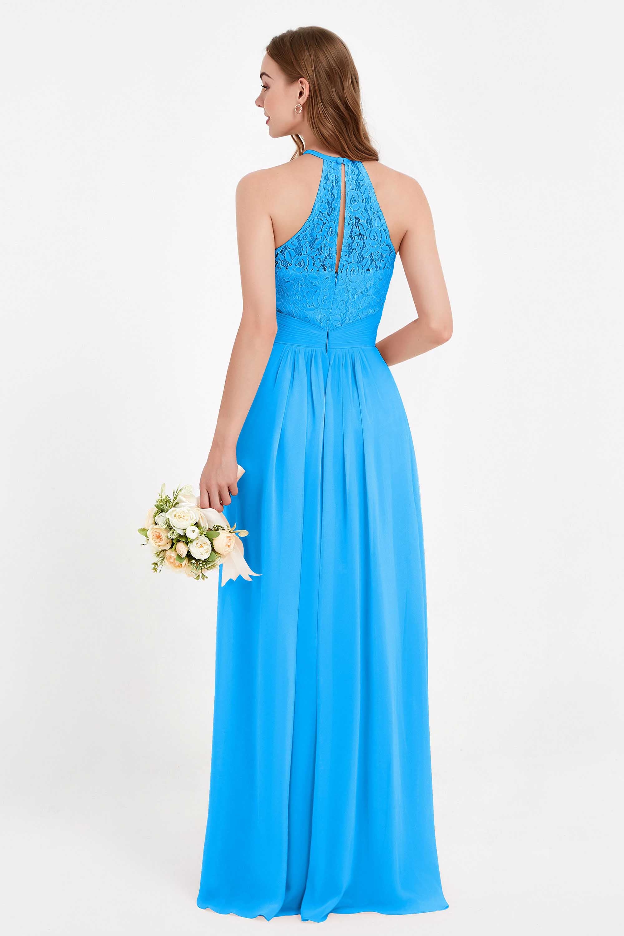 Halter Chiffon Lace Bridesmaid Dress Pleated Ruched Formal Evening Prom Dresses Gowns
