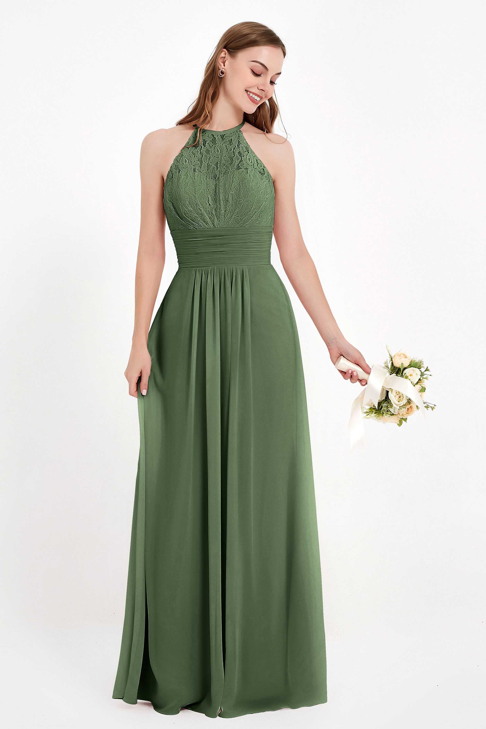 Halter Chiffon Lace Bridesmaid Dress Pleated Ruched Formal Evening Prom Dresses Gowns