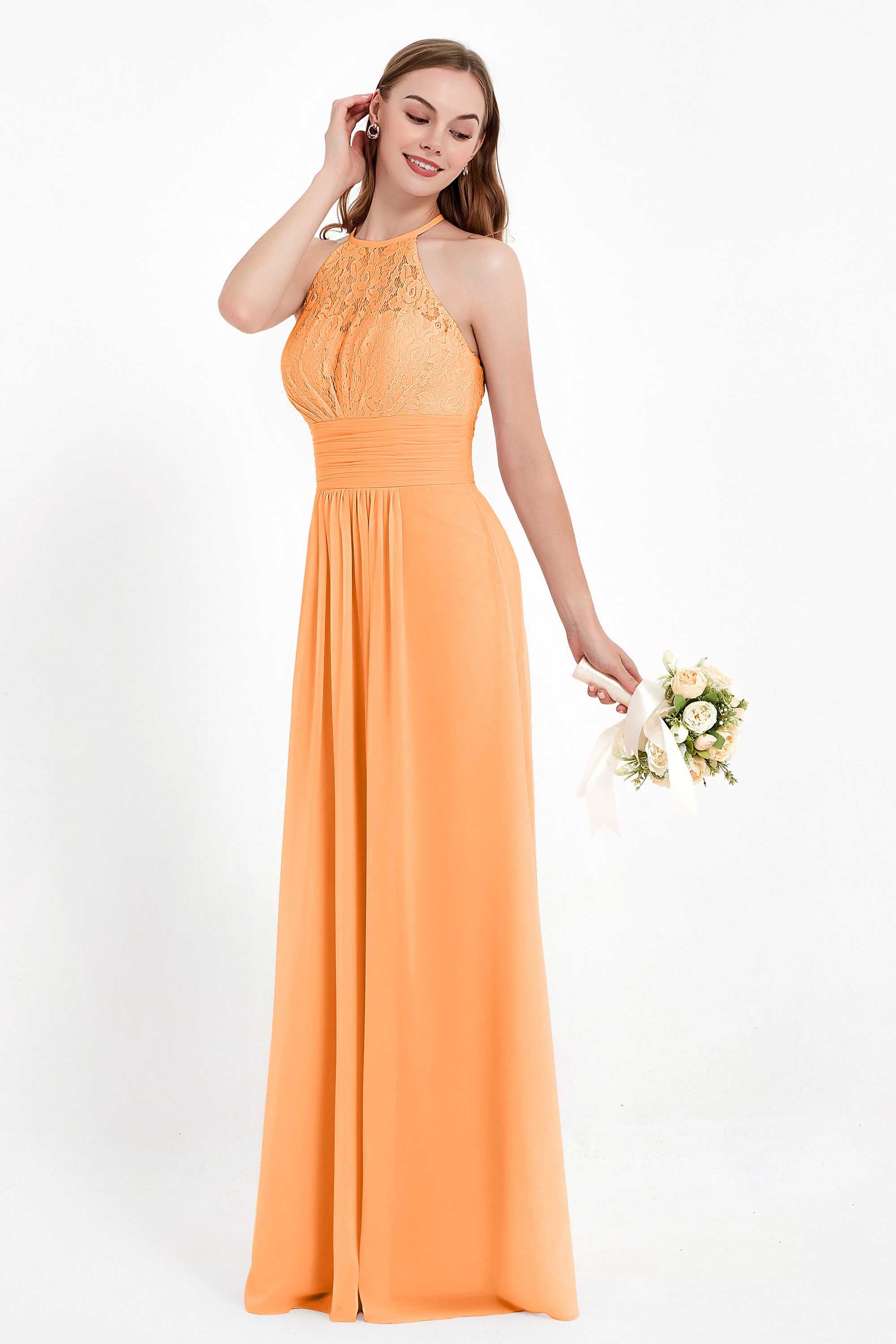 Halter Chiffon Lace Bridesmaid Dress Pleated Ruched Formal Evening Prom Dresses Gowns