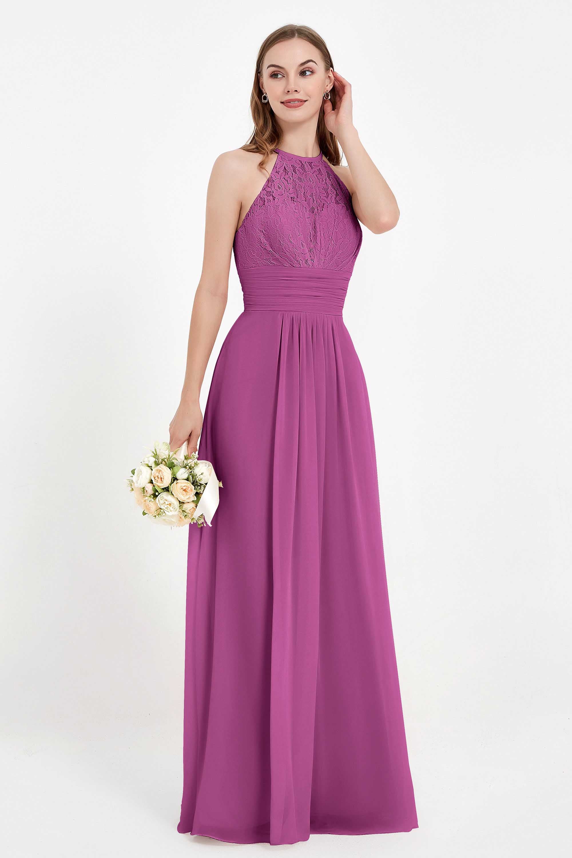 Halter Chiffon Lace Bridesmaid Dress Pleated Ruched Formal Evening Prom Dresses Gowns