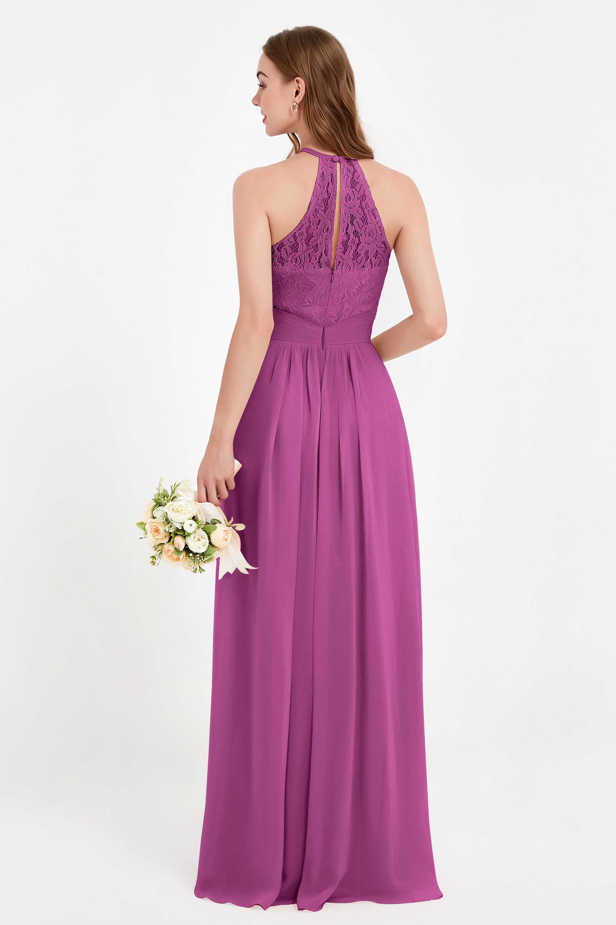 Halter Chiffon Lace Bridesmaid Dress Pleated Ruched Formal Evening Prom Dresses Gowns