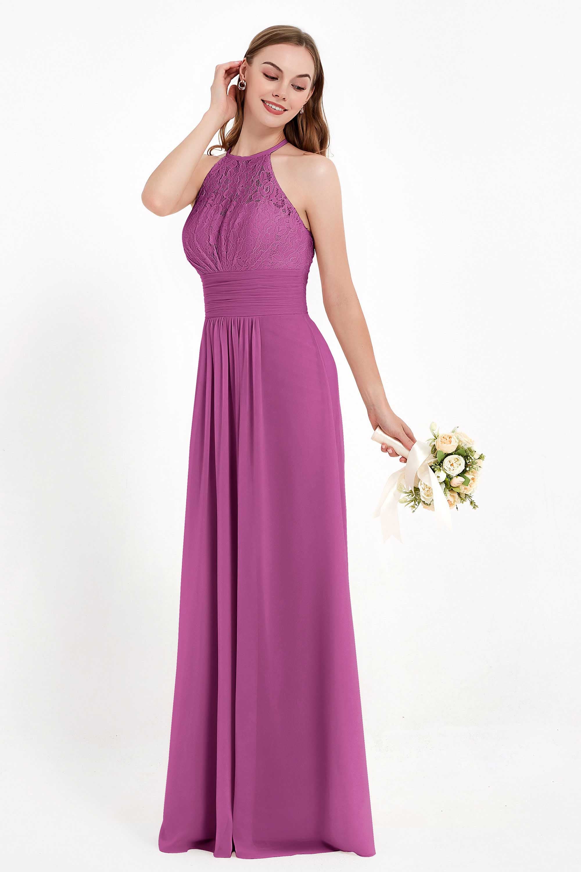 Halter Chiffon Lace Bridesmaid Dress Pleated Ruched Formal Evening Prom Dresses Gowns