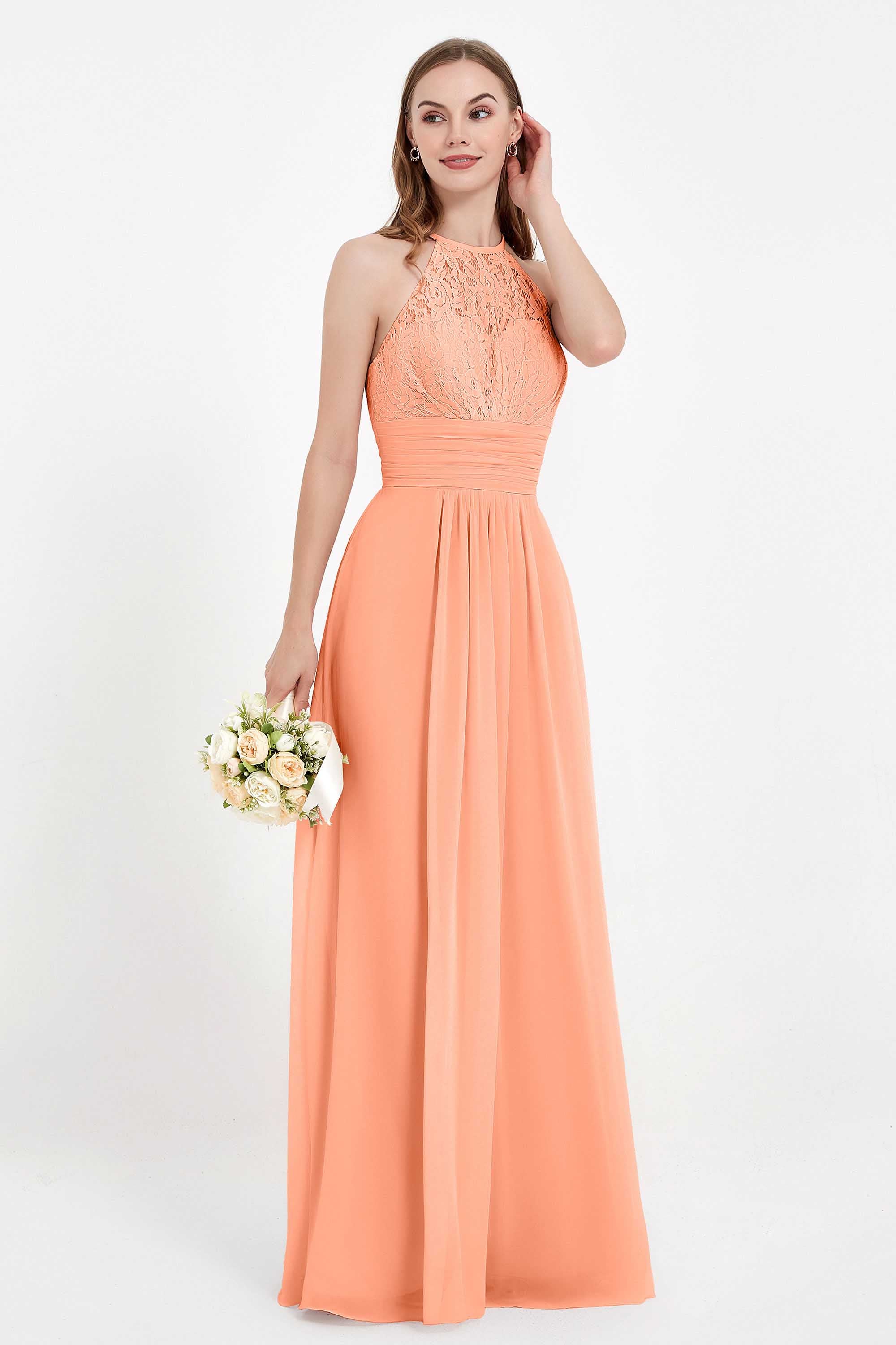 Halter Chiffon Lace Bridesmaid Dress Pleated Ruched Formal Evening Prom Dresses Gowns