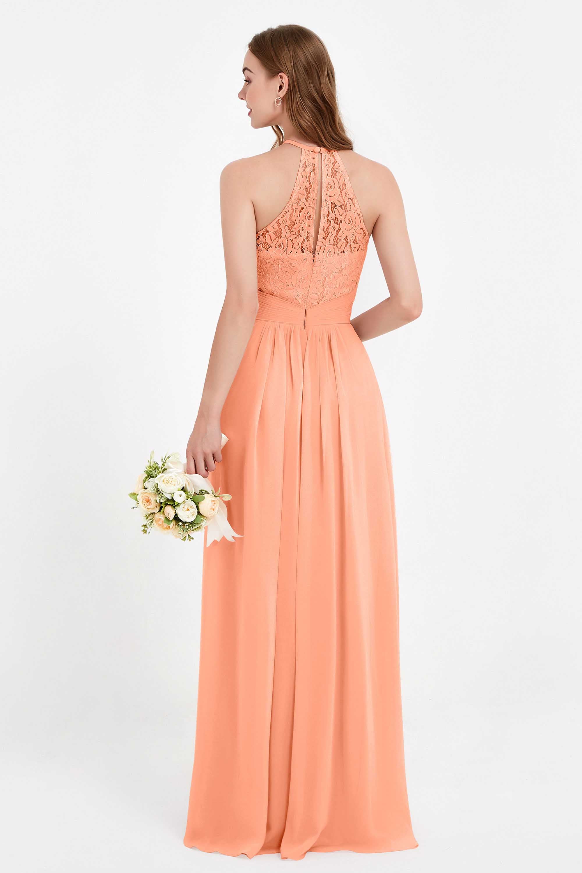 Halter Chiffon Lace Bridesmaid Dress Pleated Ruched Formal Evening Prom Dresses Gowns