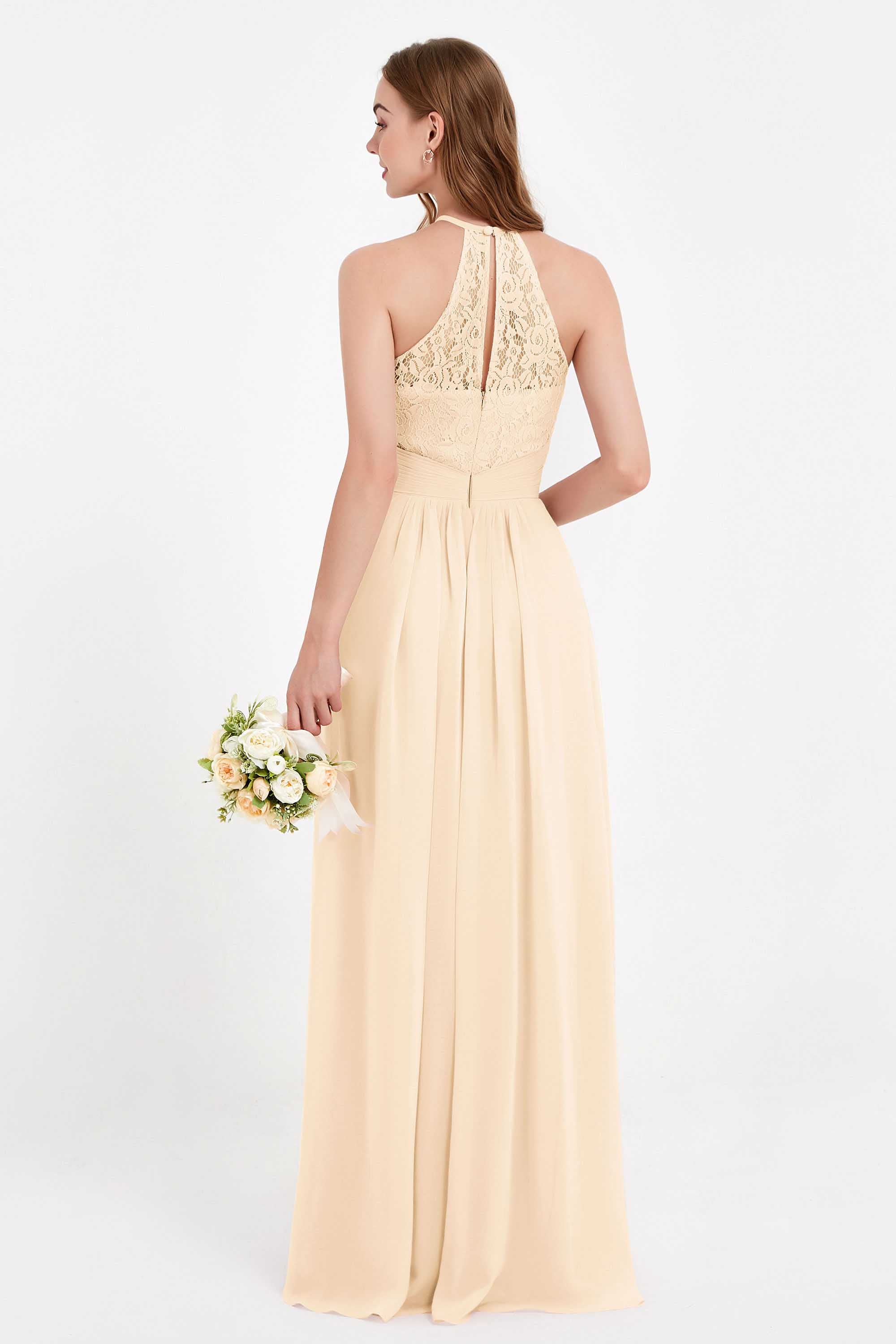 Halter Chiffon Lace Bridesmaid Dress Pleated Ruched Formal Evening Prom Dresses Gowns