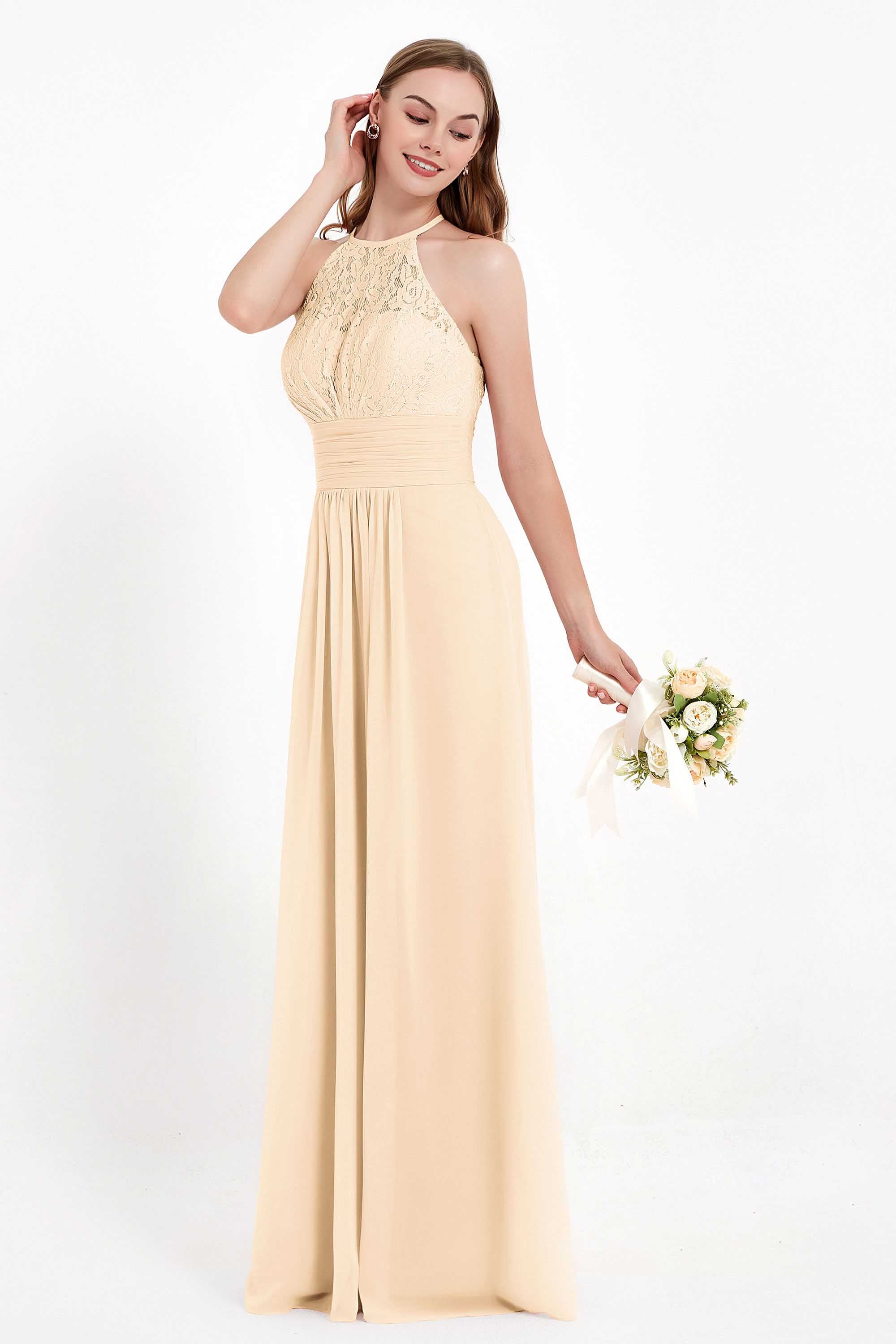 Halter Chiffon Lace Bridesmaid Dress Pleated Ruched Formal Evening Prom Dresses Gowns
