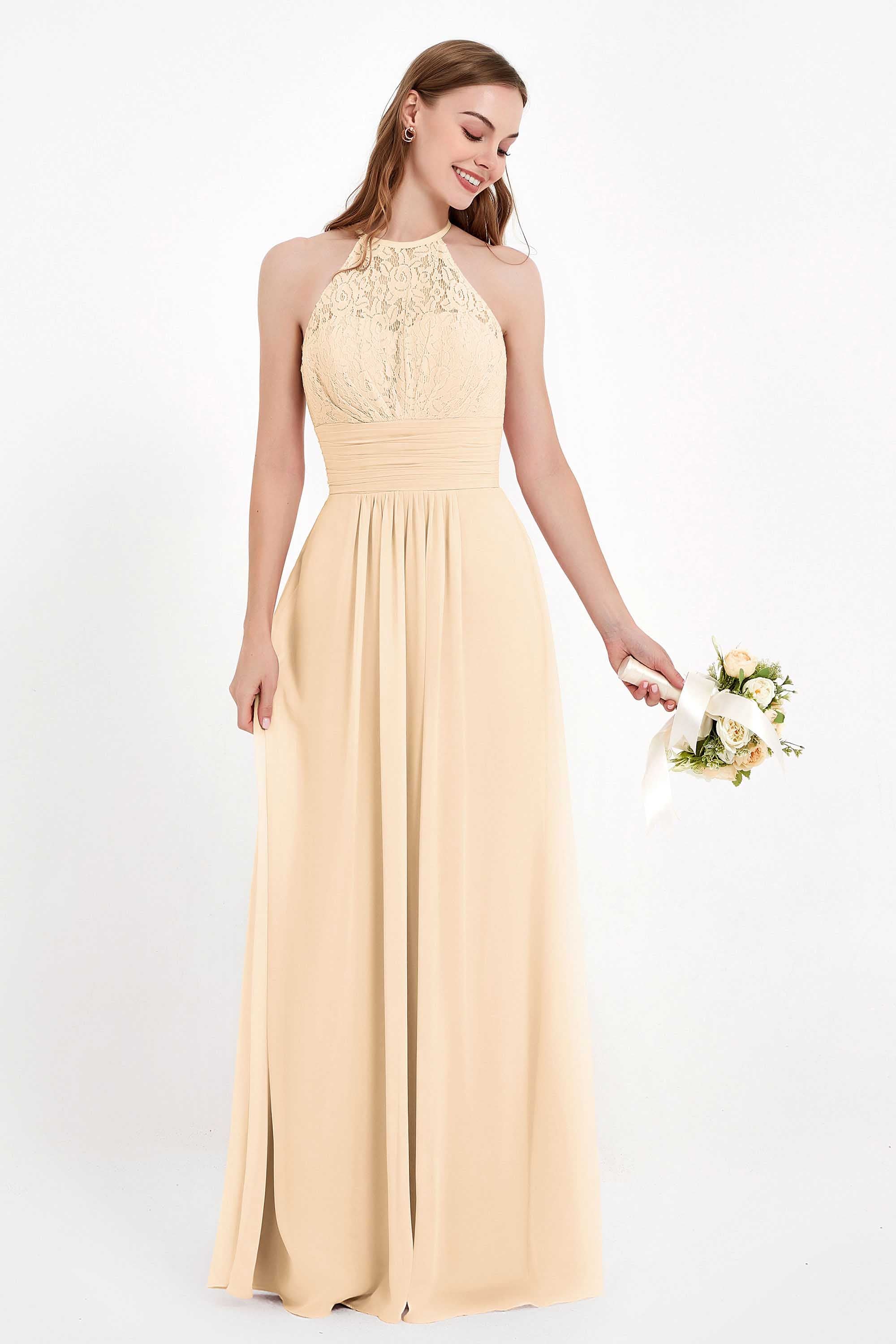 Halter Chiffon Lace Bridesmaid Dress Pleated Ruched Formal Evening Prom Dresses Gowns