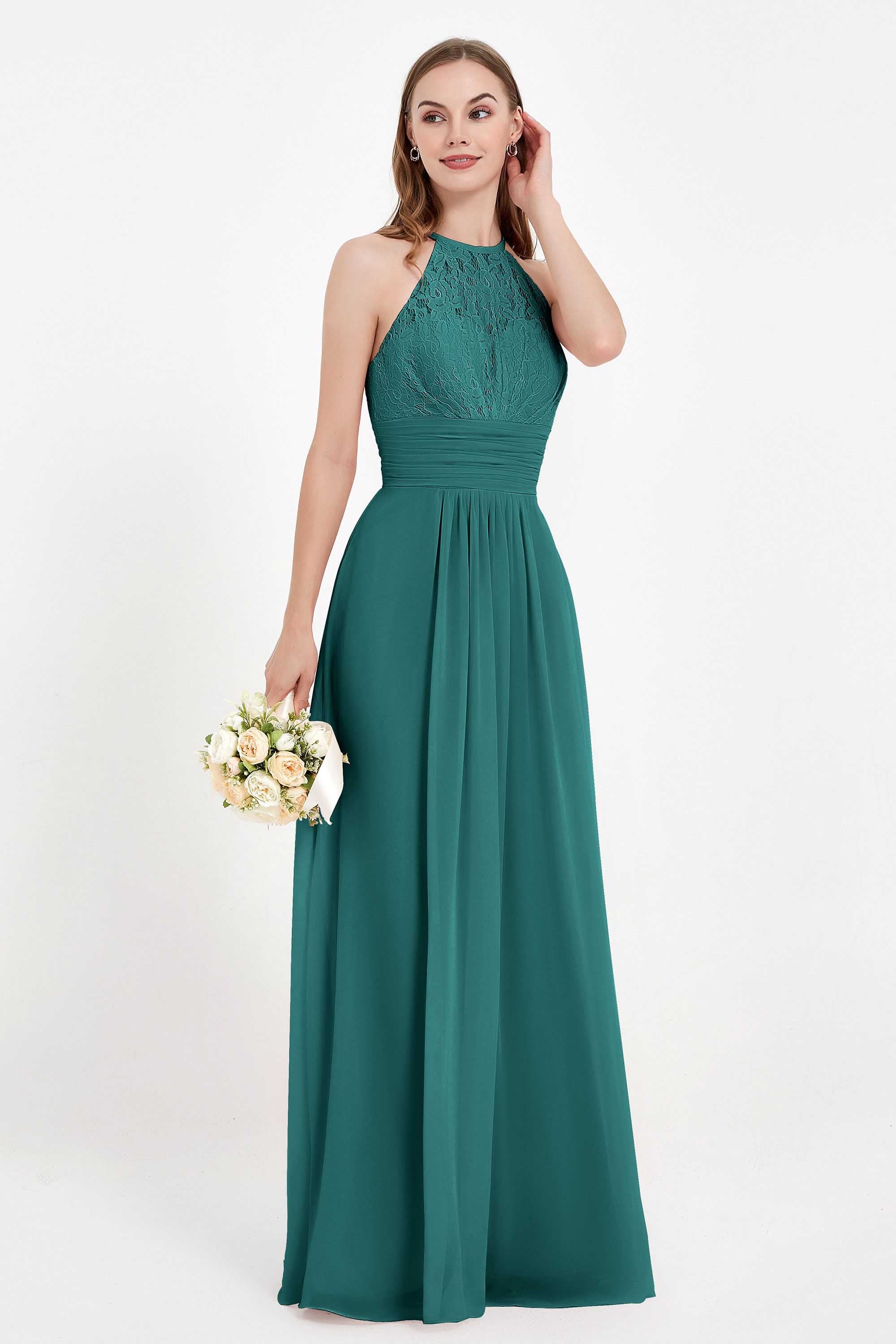 Halter Chiffon Lace Bridesmaid Dress Pleated Ruched Formal Evening Prom Dresses Gowns