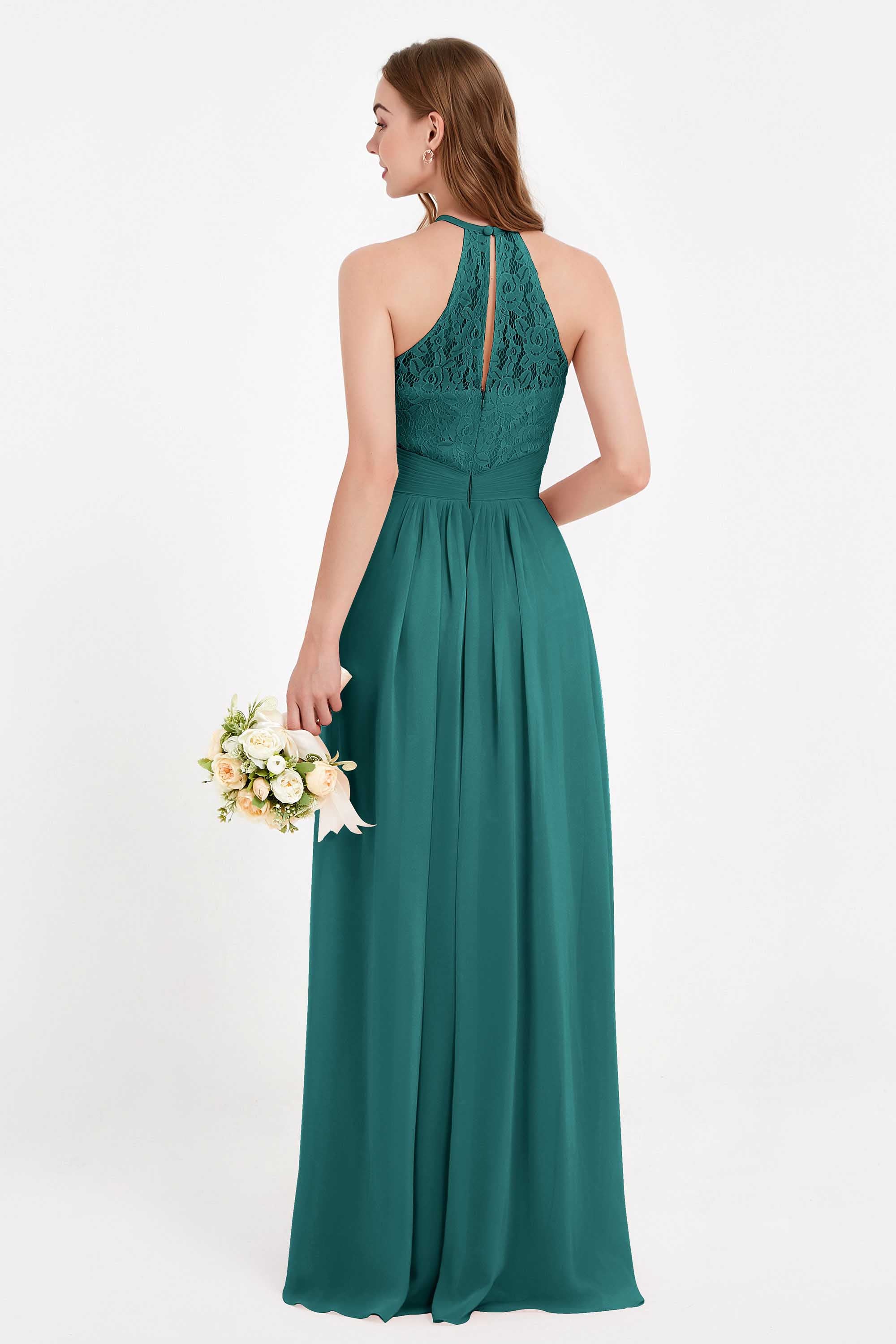 Halter Chiffon Lace Bridesmaid Dress Pleated Ruched Formal Evening Prom Dresses Gowns