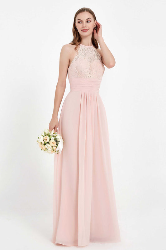 Halter Chiffon Lace Bridesmaid Dress Pleated Ruched Formal Evening Prom Dresses Gowns