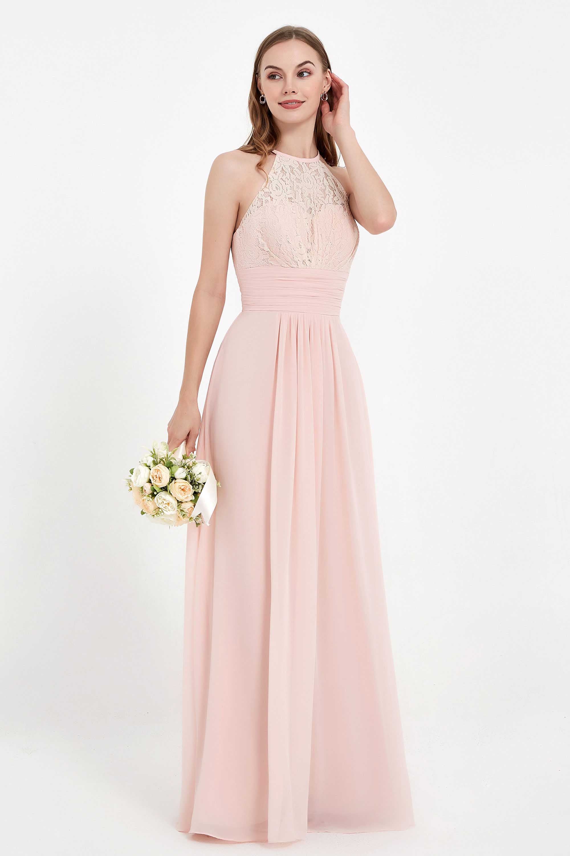 Halter Chiffon Lace Bridesmaid Dress Pleated Ruched Formal Evening Prom Dresses Gowns