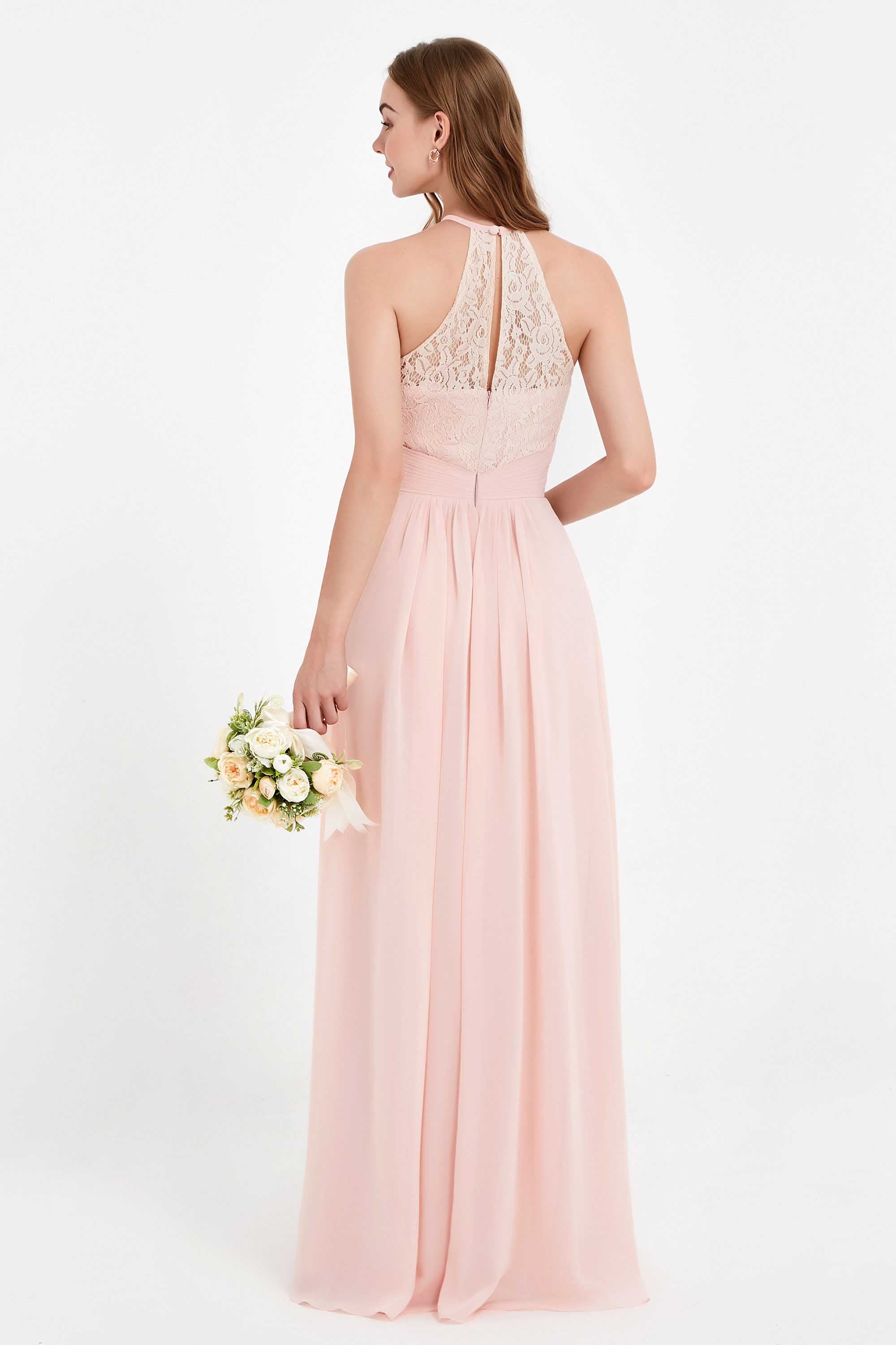 Halter Chiffon Lace Bridesmaid Dress Pleated Ruched Formal Evening Prom Dresses Gowns