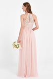 Halter Chiffon Lace Bridesmaid Dress Pleated Ruched Formal Evening Prom Dresses Gowns