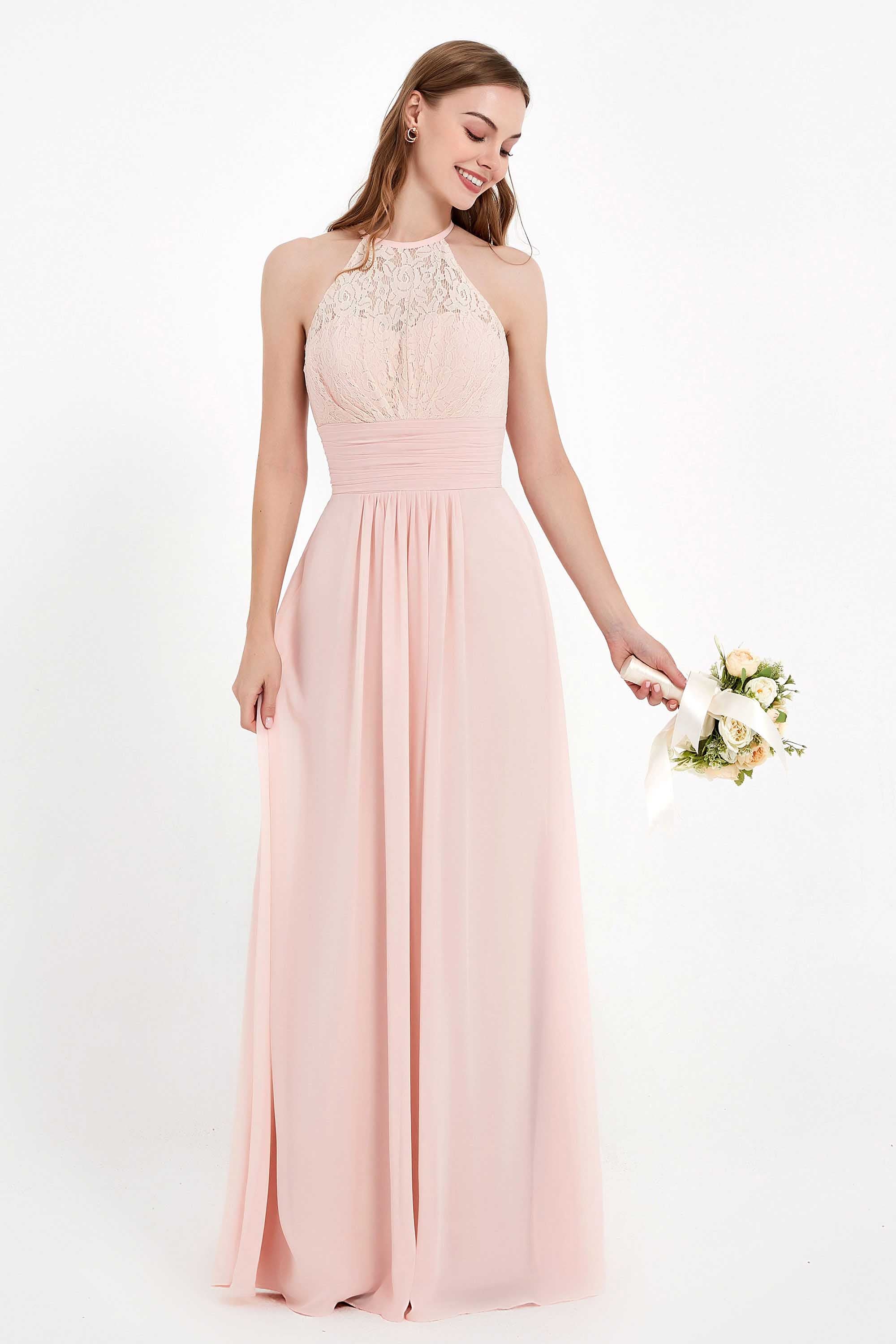 Halter Chiffon Lace Bridesmaid Dress Pleated Ruched Formal Evening Prom Dresses Gowns