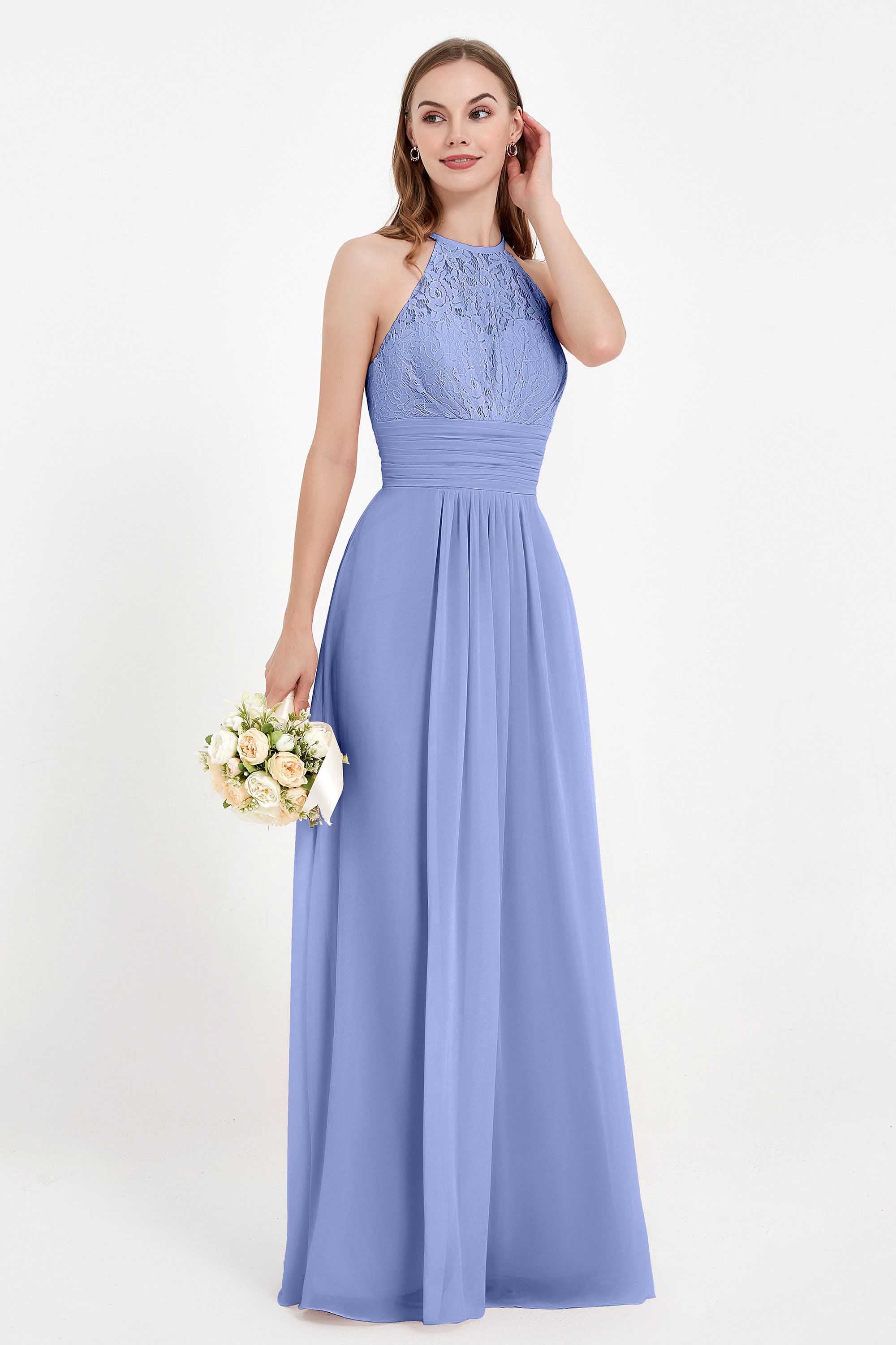 Halter Chiffon Lace Bridesmaid Dress Pleated Ruched Formal Evening Prom Dresses Gowns