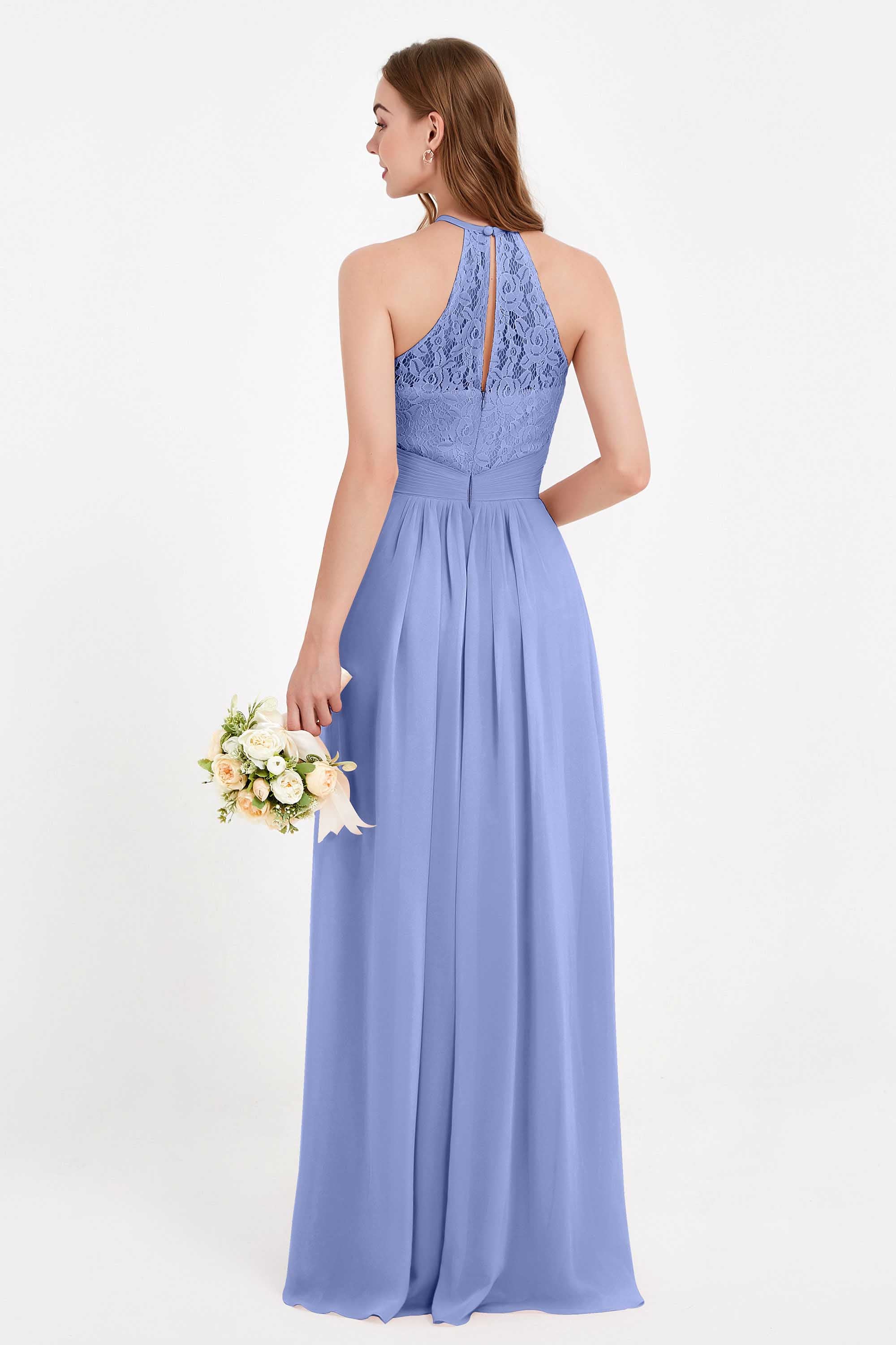 Halter Chiffon Lace Bridesmaid Dress Pleated Ruched Formal Evening Prom Dresses Gowns