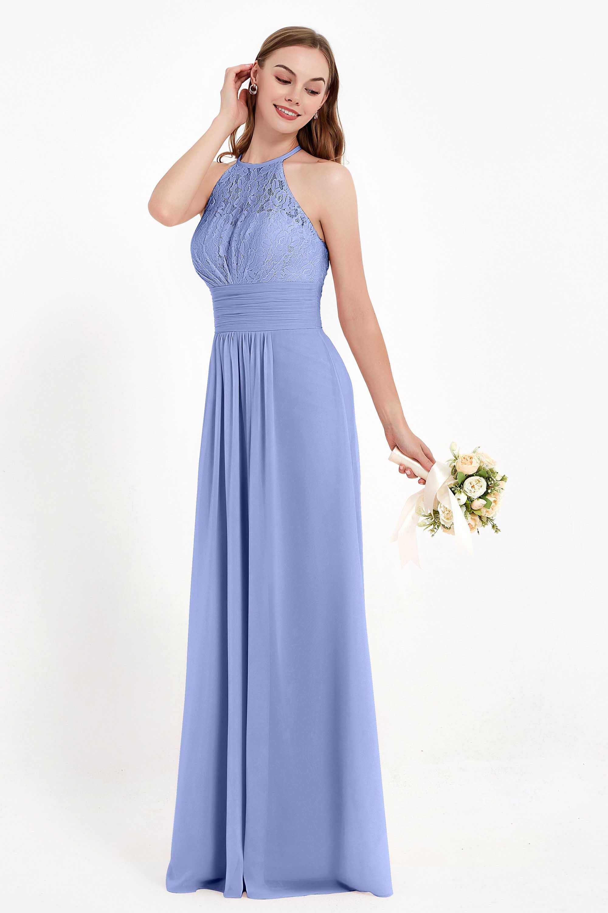 Halter Chiffon Lace Bridesmaid Dress Pleated Ruched Formal Evening Prom Dresses Gowns