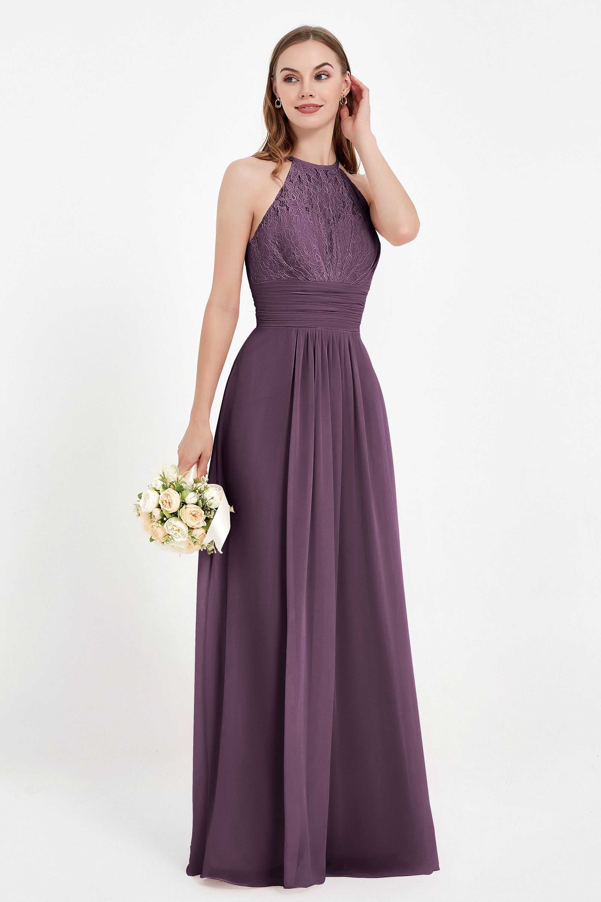 Halter Chiffon Lace Bridesmaid Dress Pleated Ruched Formal Evening Prom Dresses Gowns