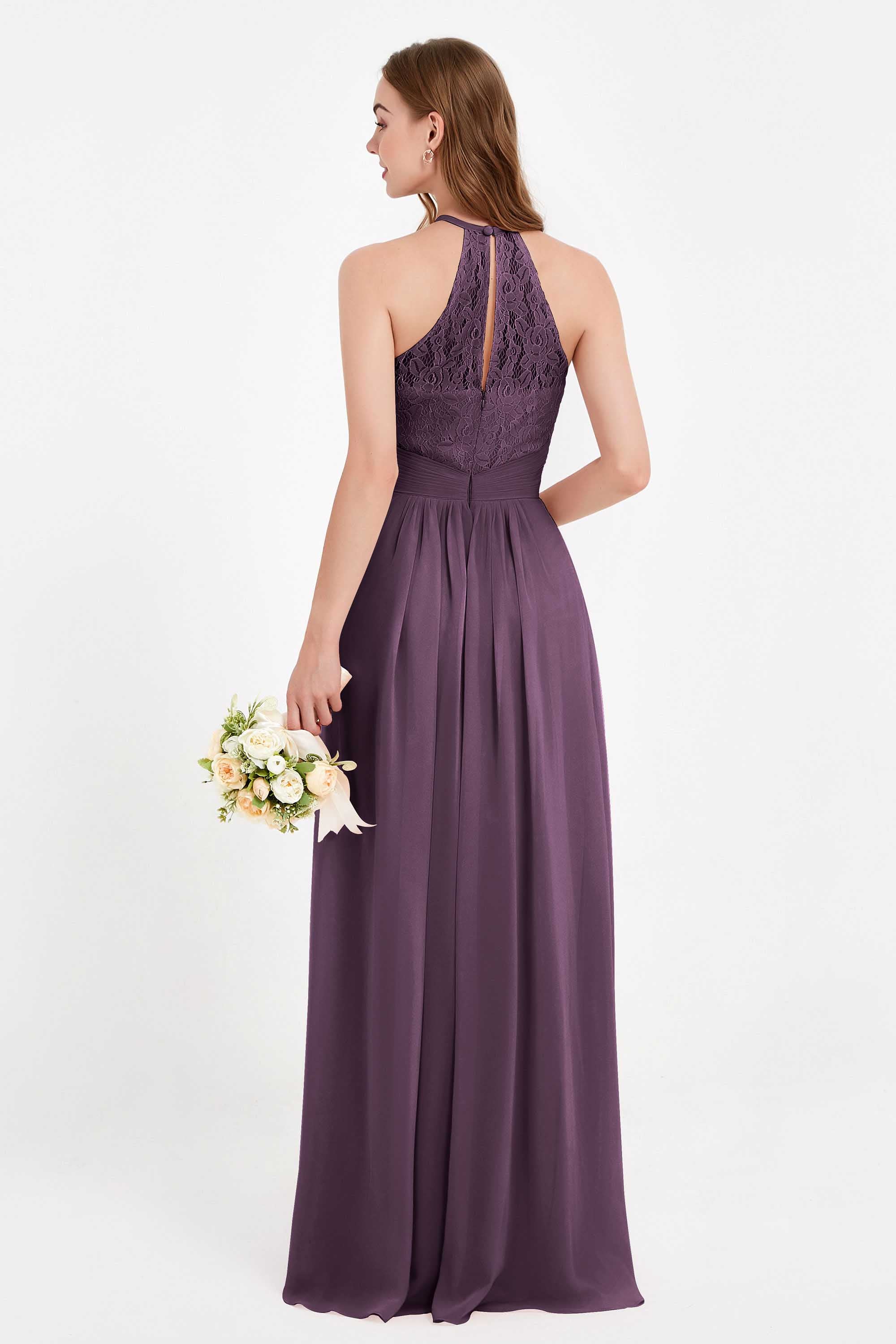 Halter Chiffon Lace Bridesmaid Dress Pleated Ruched Formal Evening Prom Dresses Gowns
