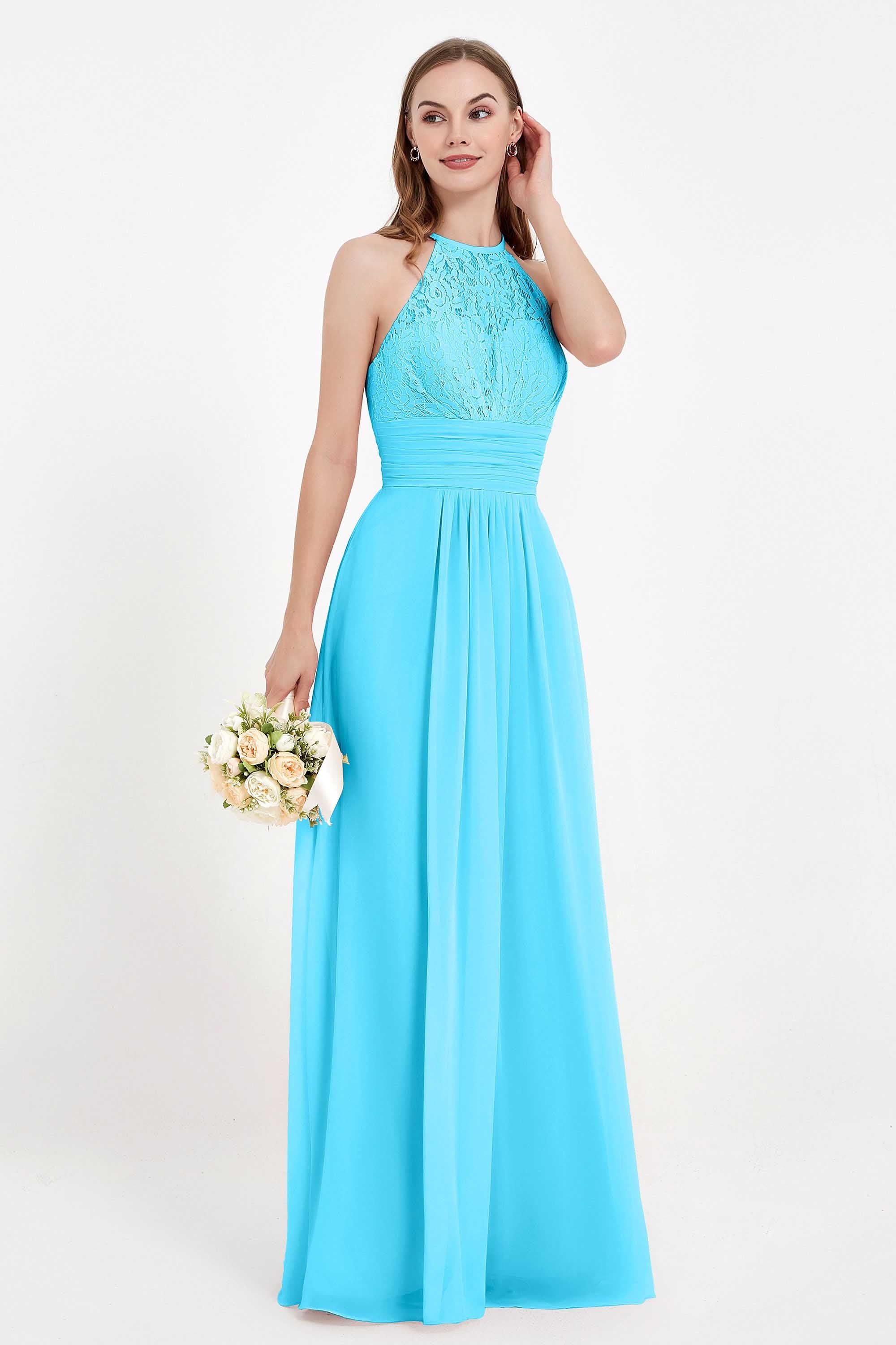 Halter Chiffon Lace Bridesmaid Dress Pleated Ruched Formal Evening Prom Dresses Gowns