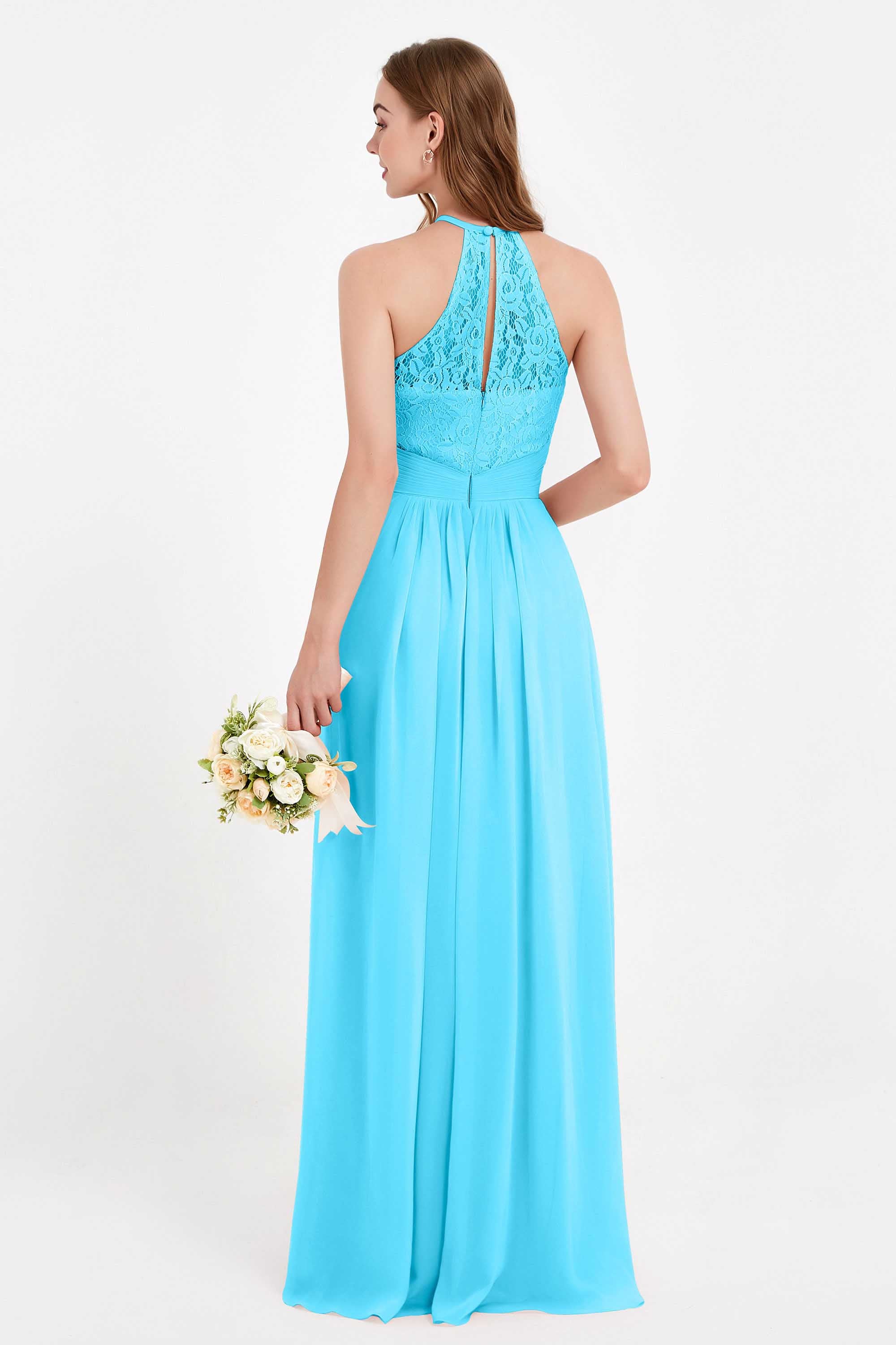 Halter Chiffon Lace Bridesmaid Dress Pleated Ruched Formal Evening Prom Dresses Gowns