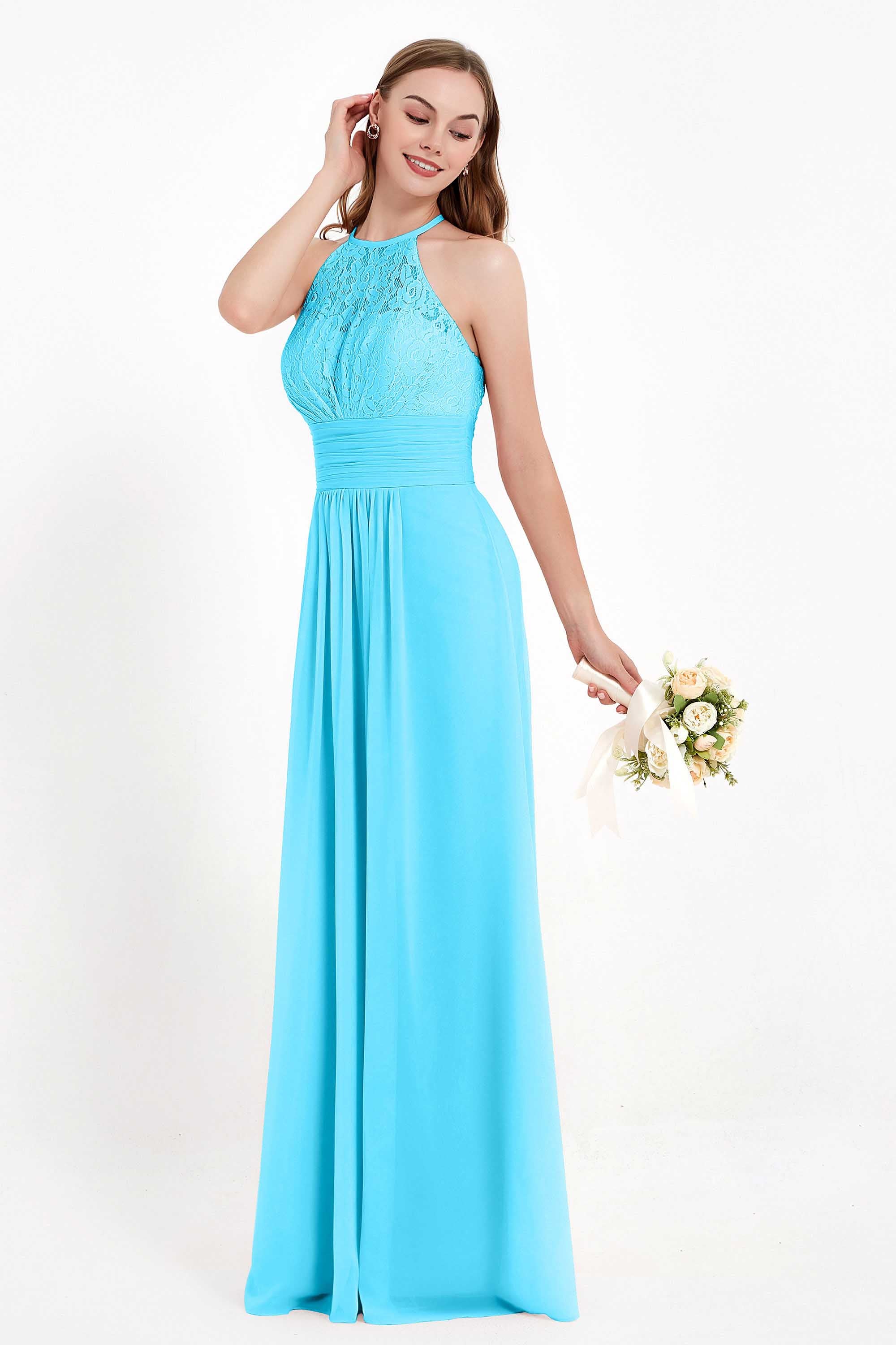 Halter Chiffon Lace Bridesmaid Dress Pleated Ruched Formal Evening Prom Dresses Gowns