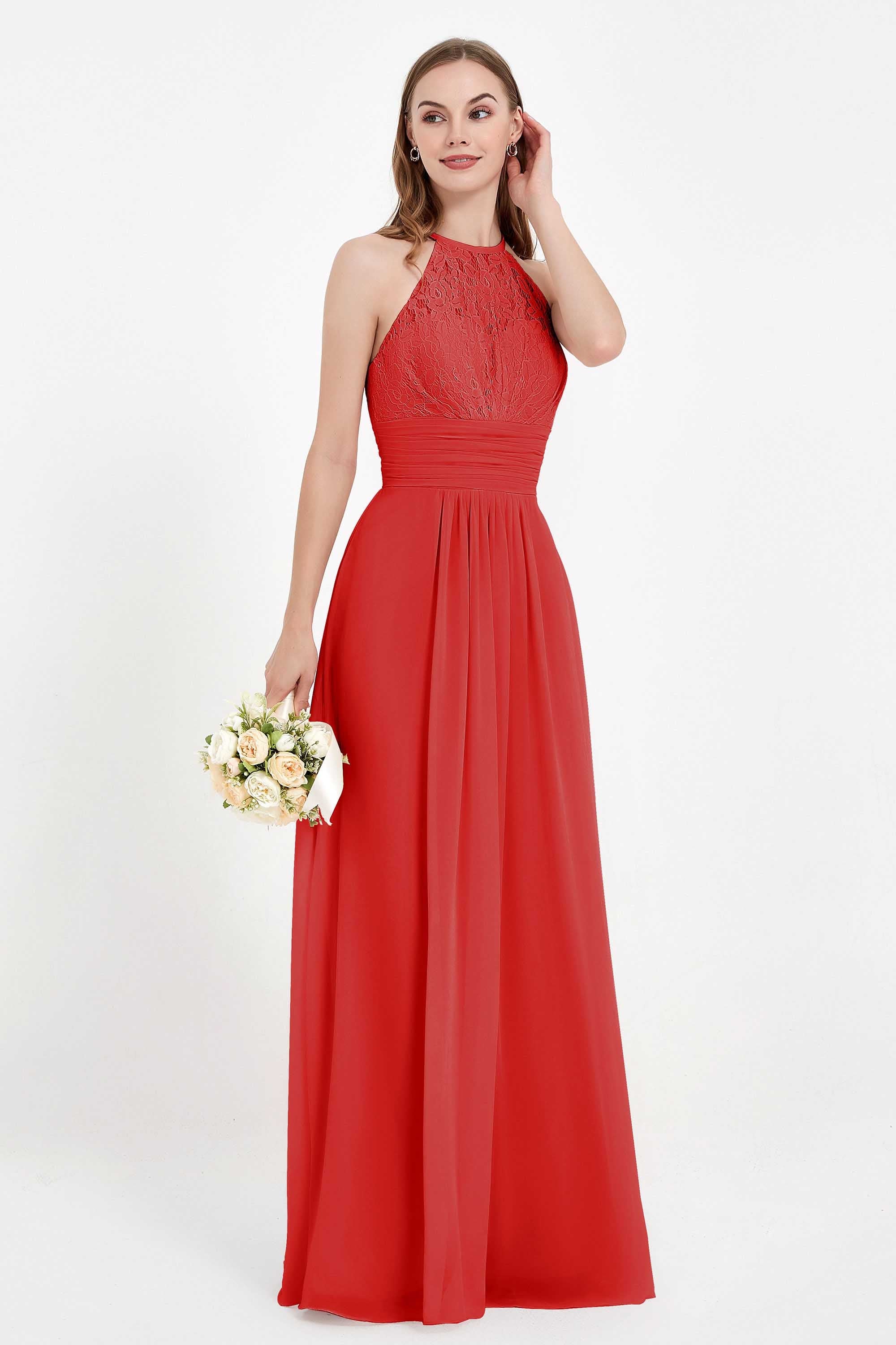 Halter Chiffon Lace Bridesmaid Dress Pleated Ruched Formal Evening Prom Dresses Gowns