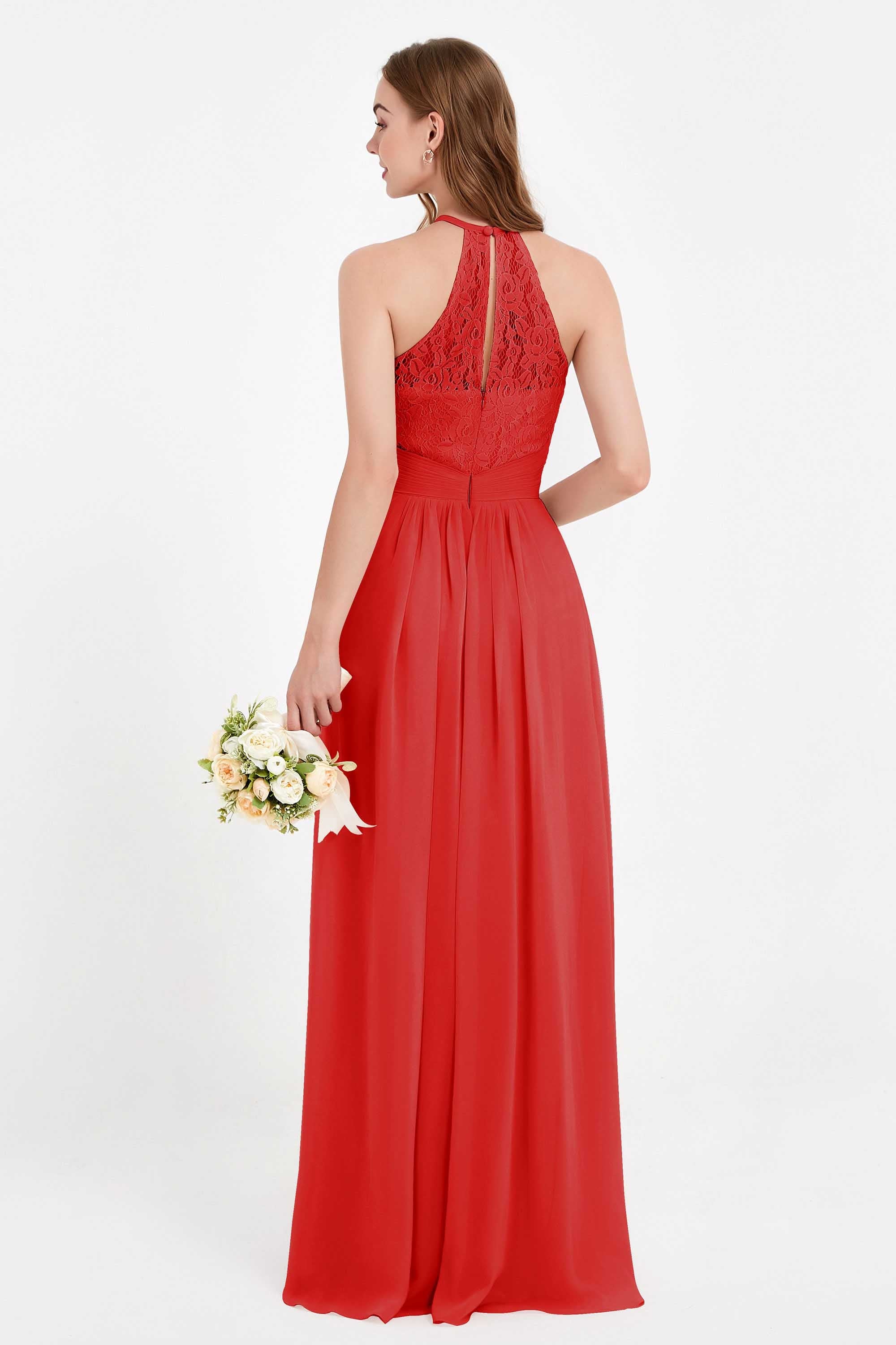Halter Chiffon Lace Bridesmaid Dress Pleated Ruched Formal Evening Prom Dresses Gowns
