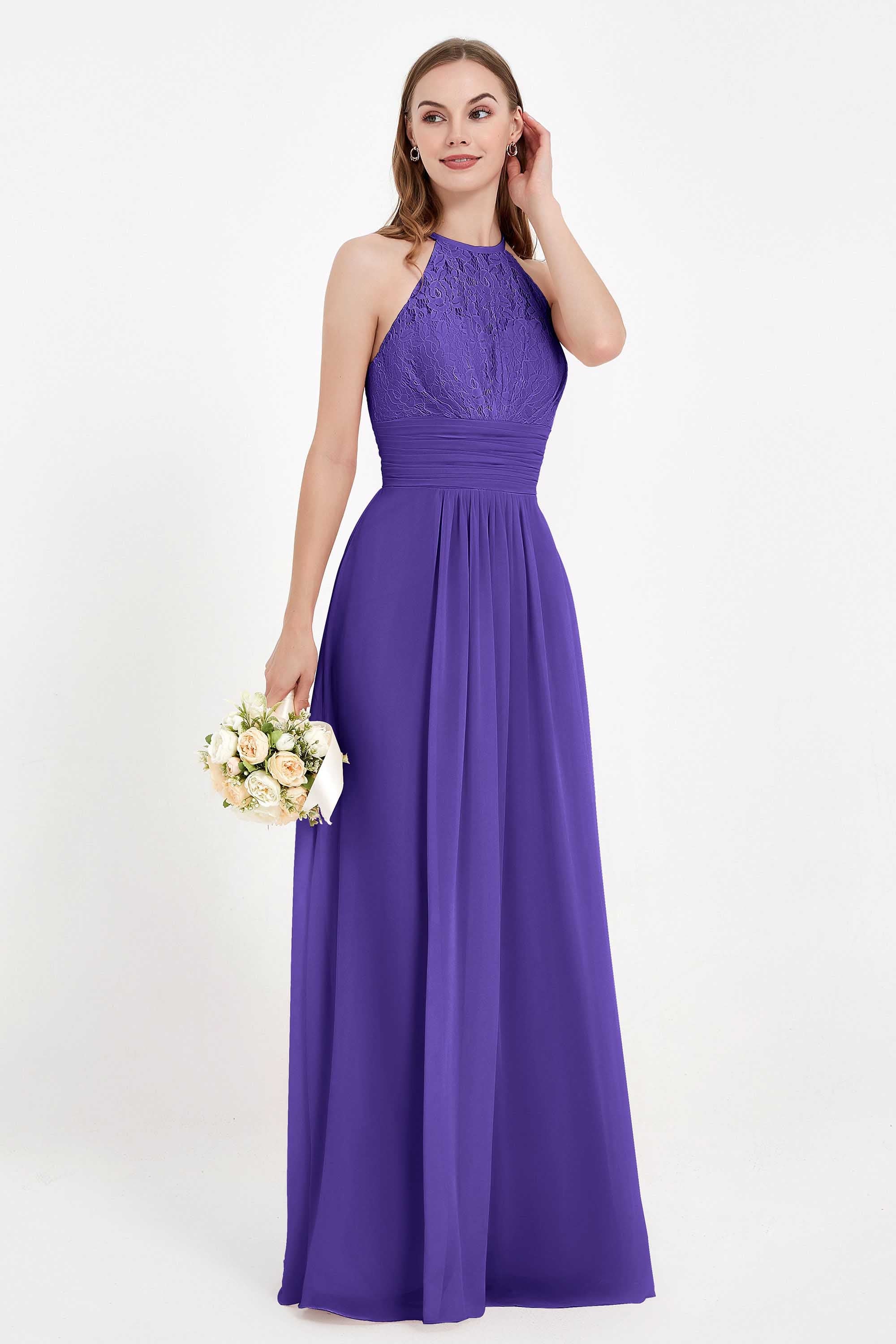 Halter Chiffon Lace Bridesmaid Dress Pleated Ruched Formal Evening Prom Dresses Gowns
