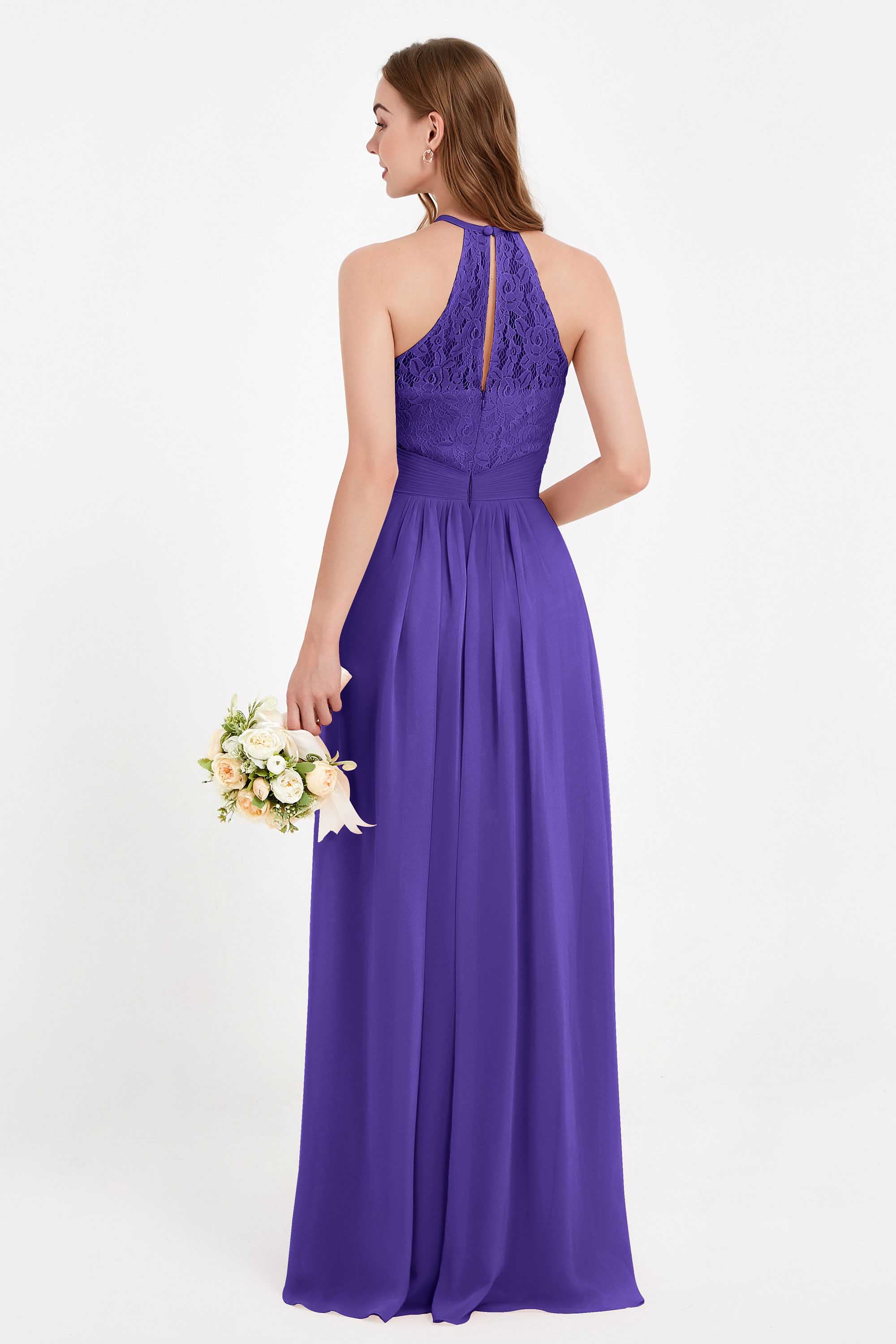 Halter Chiffon Lace Bridesmaid Dress Pleated Ruched Formal Evening Prom Dresses Gowns