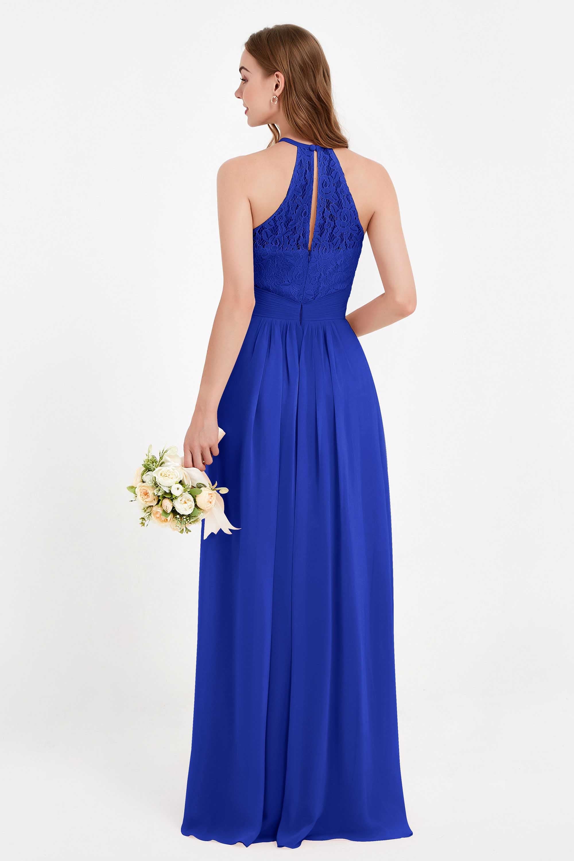 Halter Chiffon Lace Bridesmaid Dress Pleated Ruched Formal Evening Prom Dresses Gowns