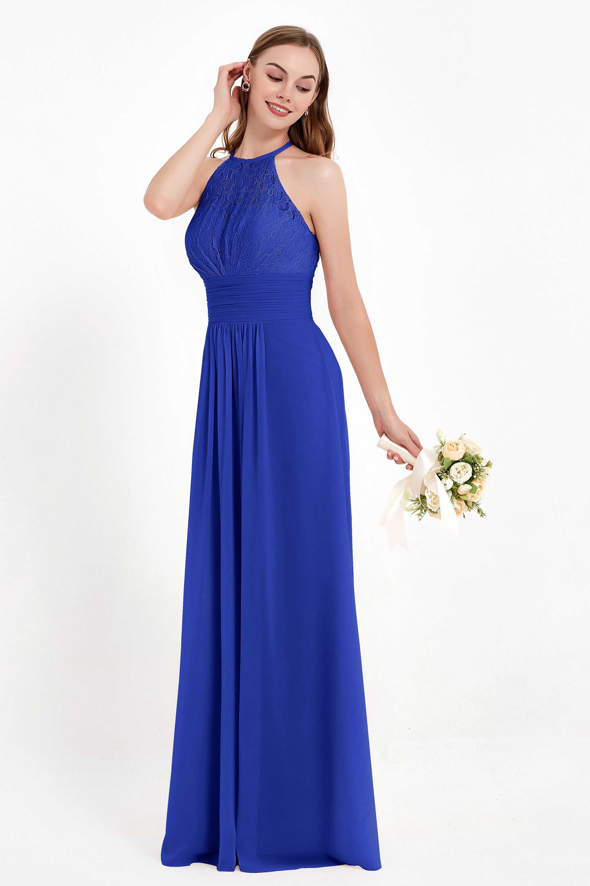 Halter Chiffon Lace Bridesmaid Dress Pleated Ruched Formal Evening Prom Dresses Gowns