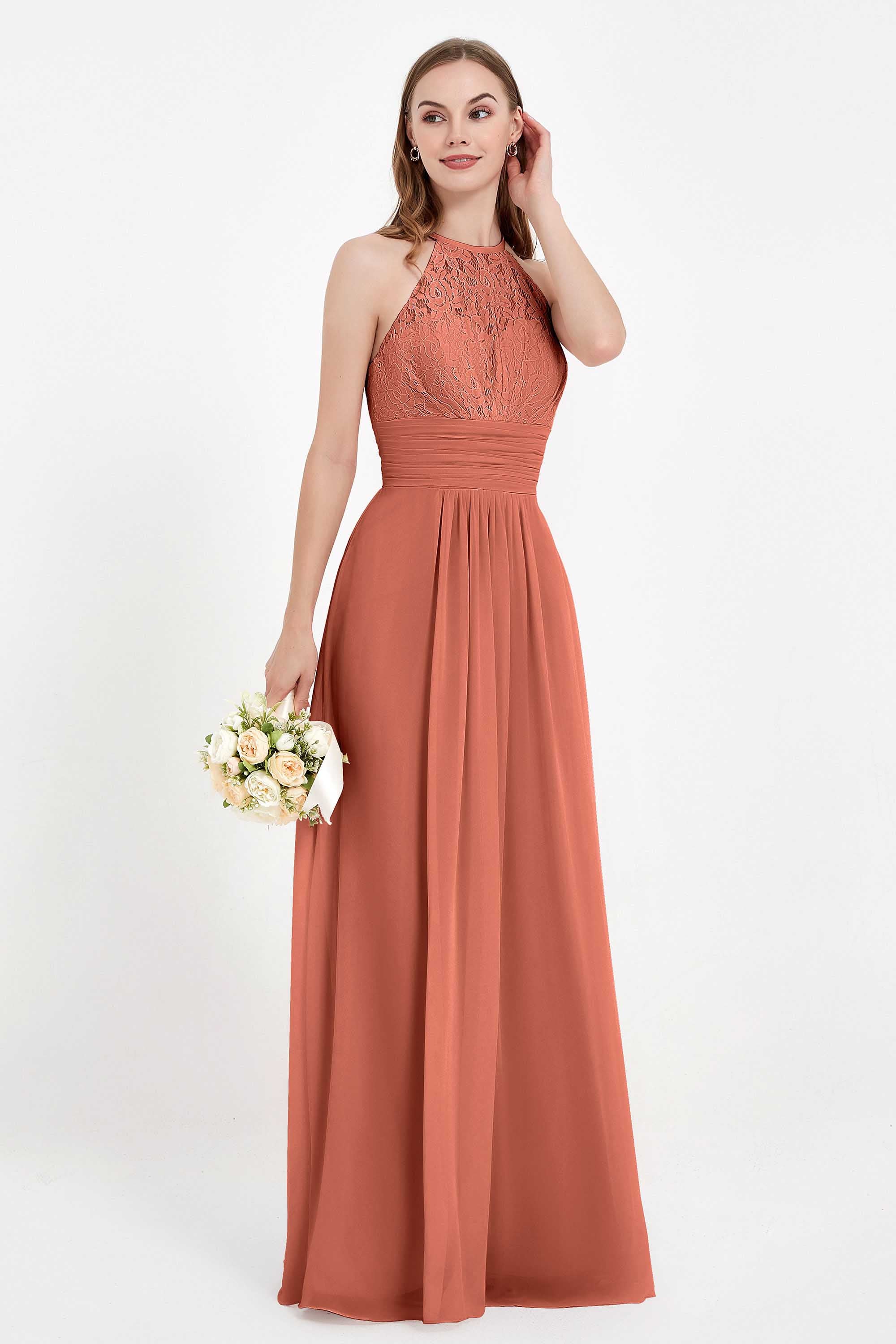 Halter Chiffon Lace Bridesmaid Dress Pleated Ruched Formal Evening Prom Dresses Gowns