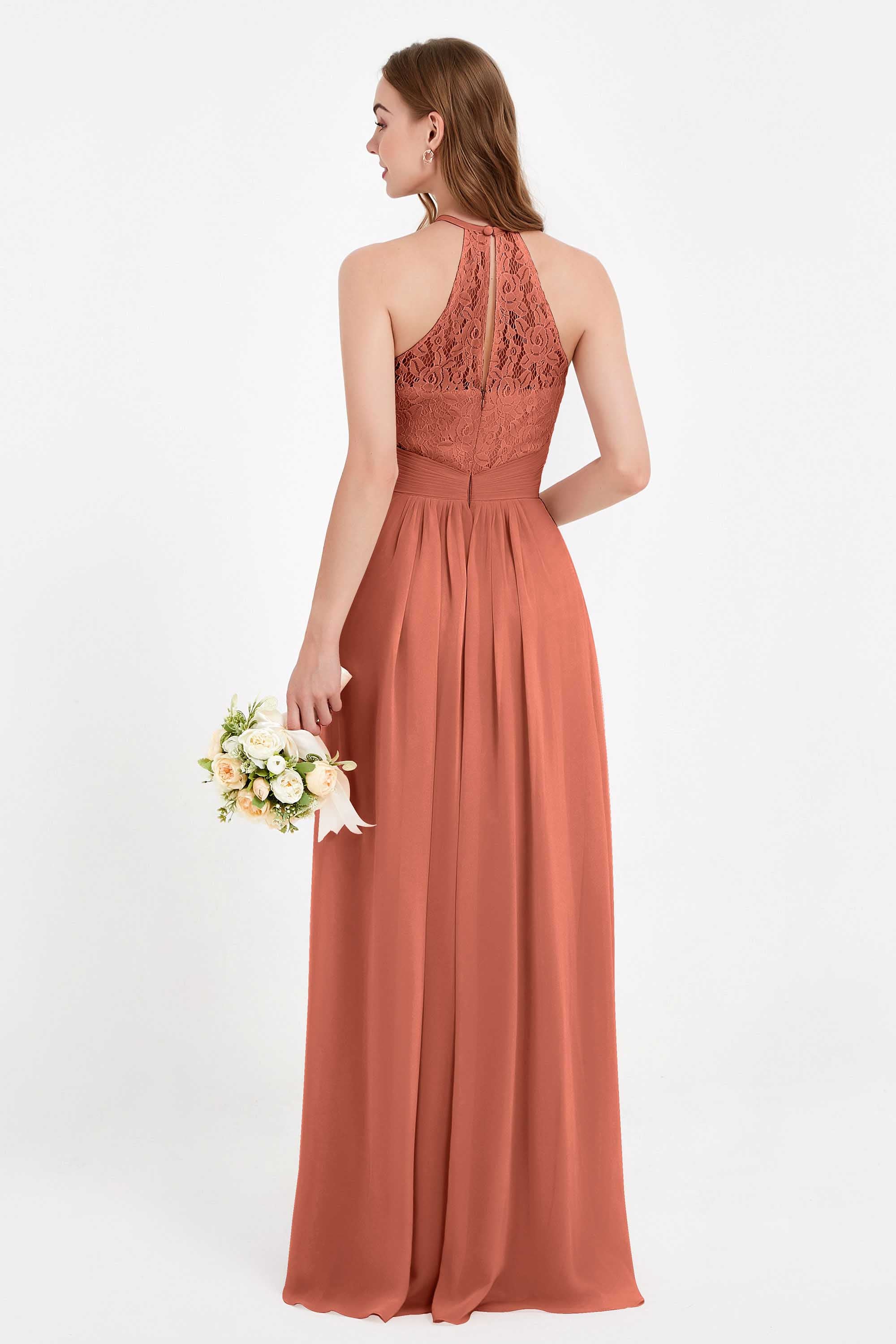 Halter Chiffon Lace Bridesmaid Dress Pleated Ruched Formal Evening Prom Dresses Gowns