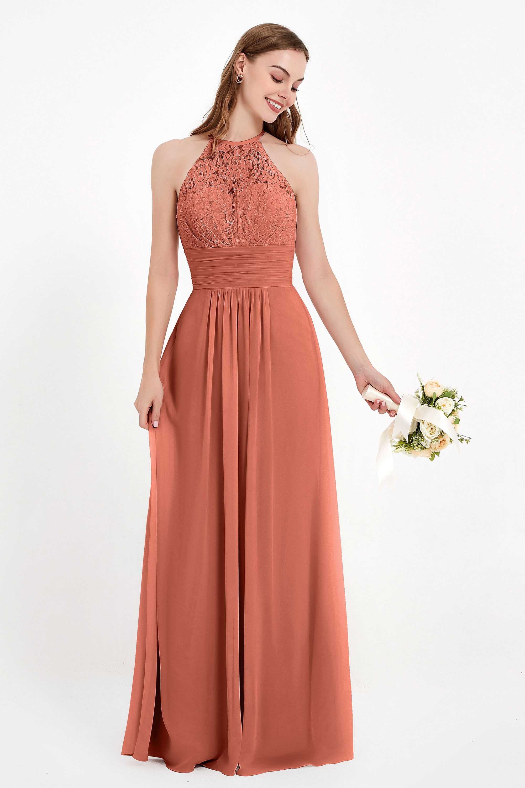 Halter Chiffon Lace Bridesmaid Dress Pleated Ruched Formal Evening Prom Dresses Gowns