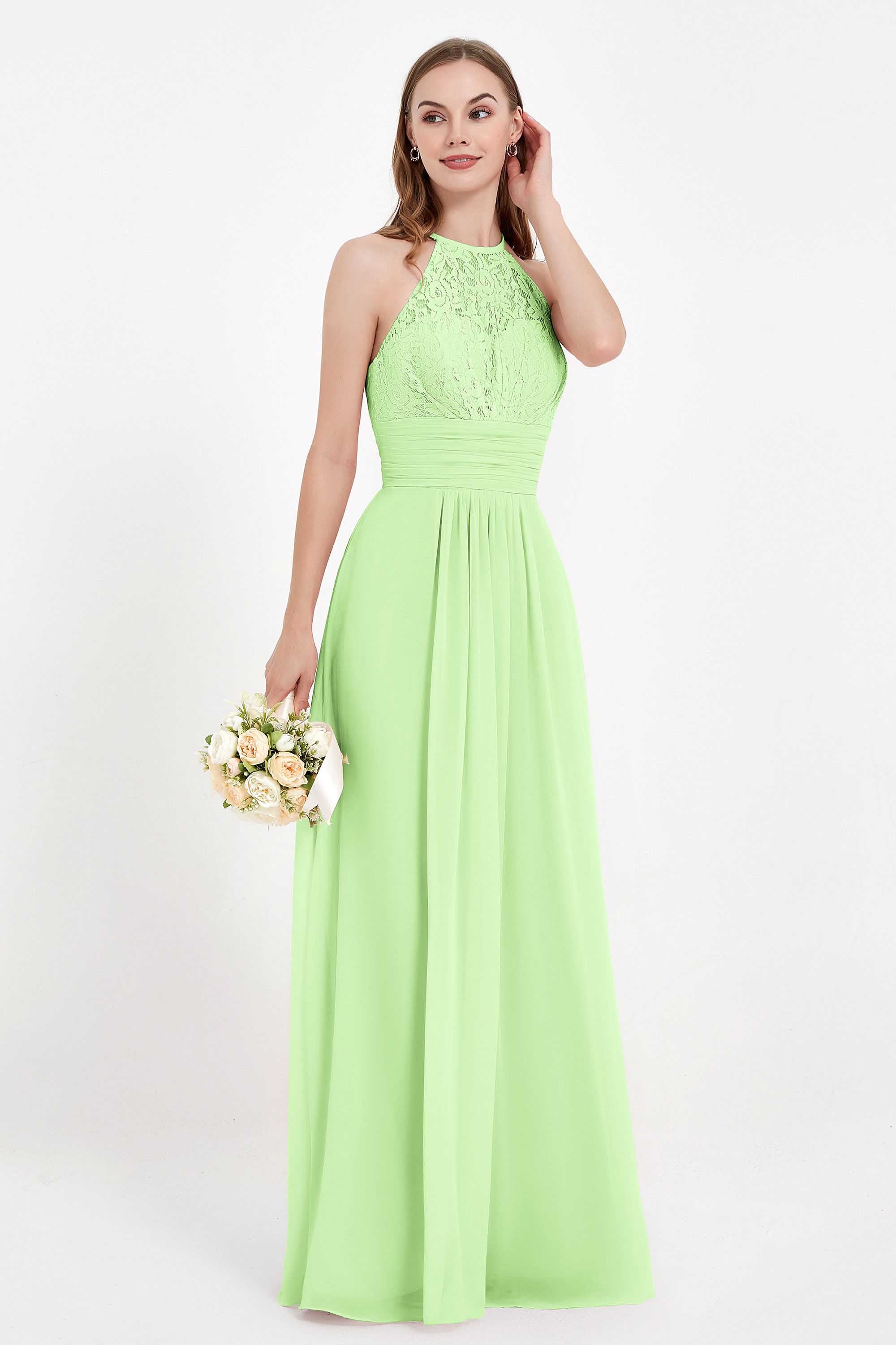 Halter Chiffon Lace Bridesmaid Dress Pleated Ruched Formal Evening Prom Dresses Gowns