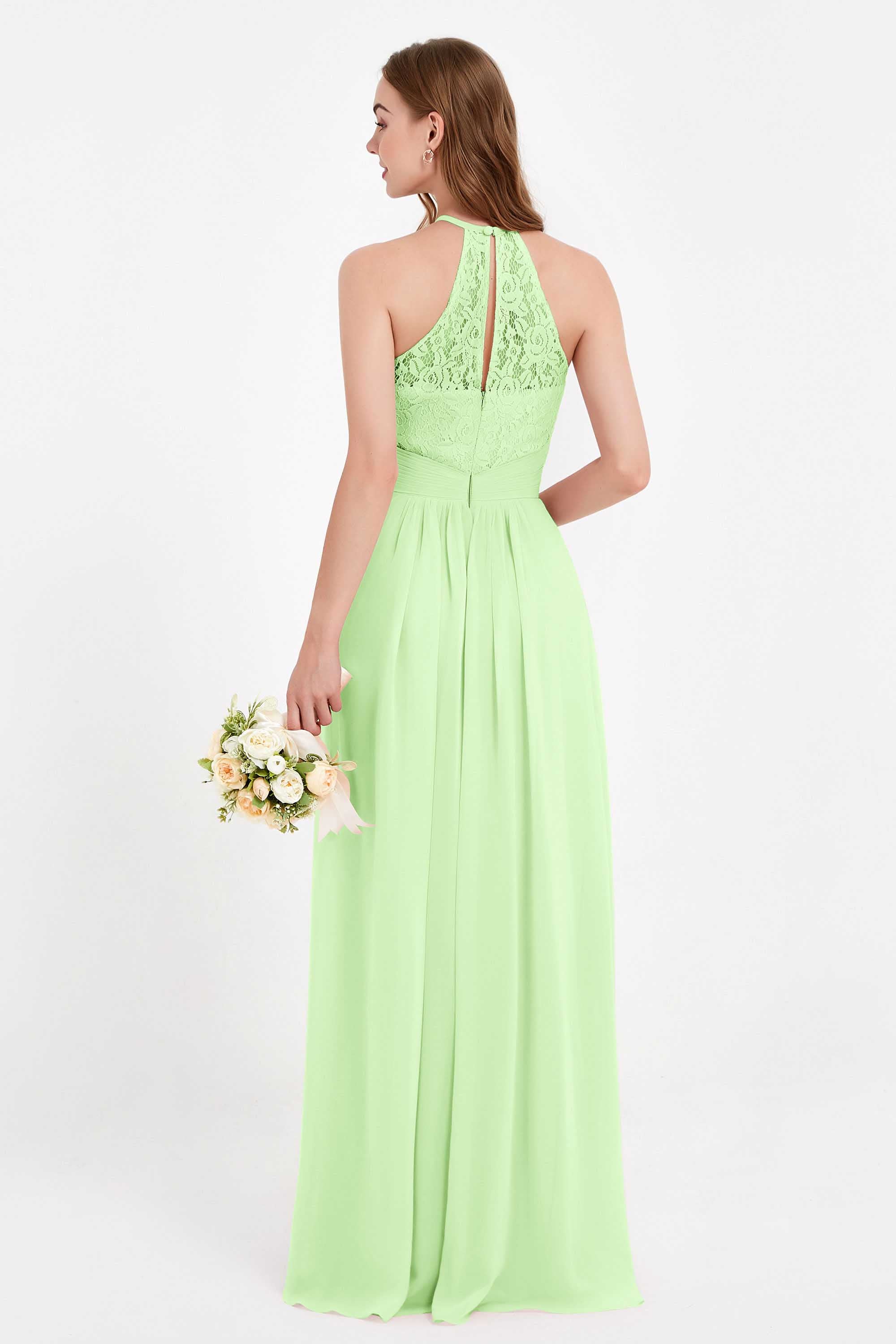 Halter Chiffon Lace Bridesmaid Dress Pleated Ruched Formal Evening Prom Dresses Gowns